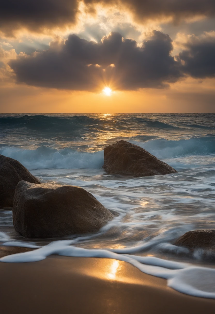 The sun shines through the clouds and the sea，Rocks and waves, God Sun Rays, Divine rays shining from above, Sunlight breaks through the clouds, Divine Rays, Luz Divina, Divine Rays, The sun's rays between the clouds, Highly detailed divine rays, Light coming from above, Sacred rays, God Light, God Light, God - Ray、kosmos