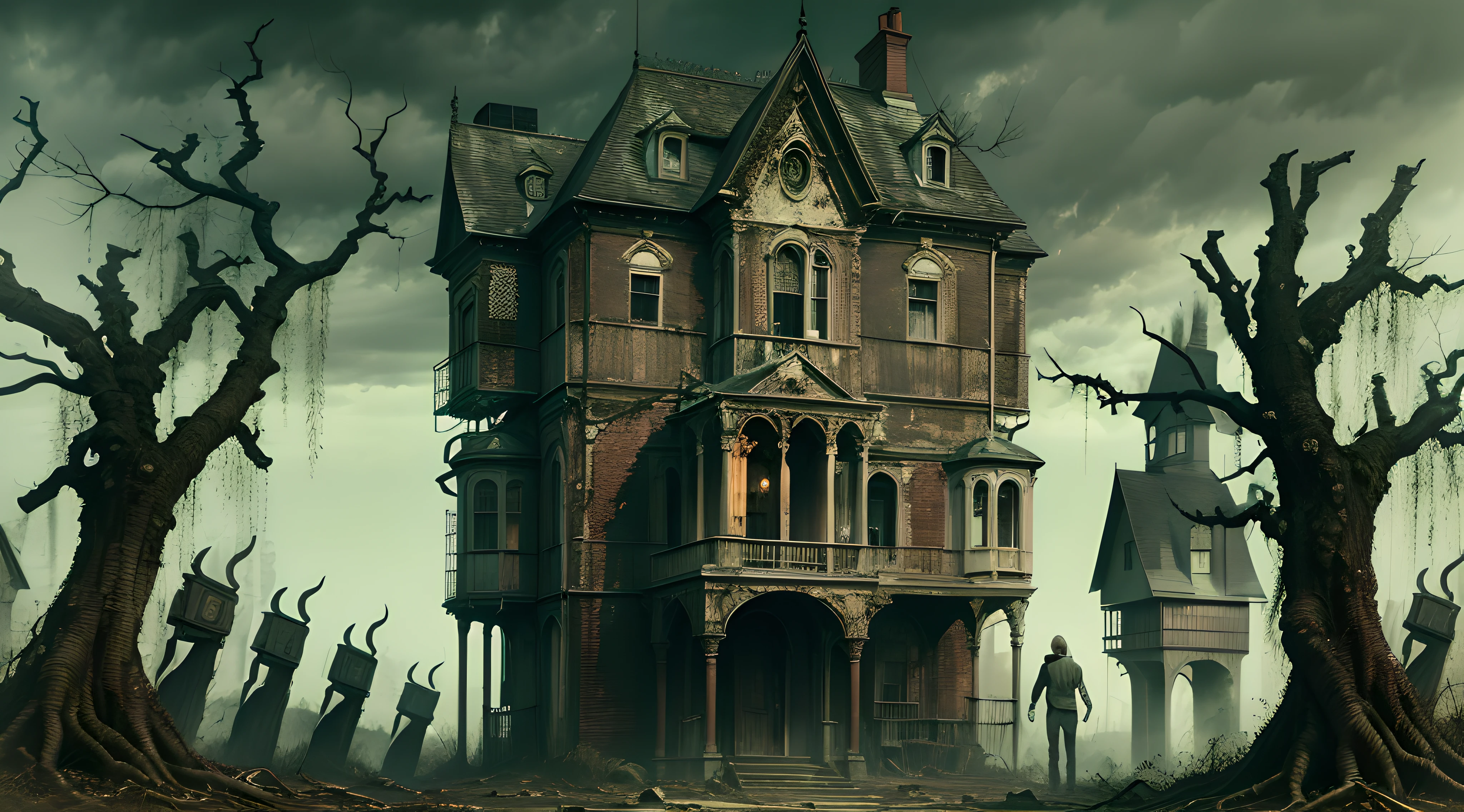 4K,High quality,true to life,Contrast,Masterpiece,Horror,Frightened,Horror,Gloomy visuals,House of Horrors