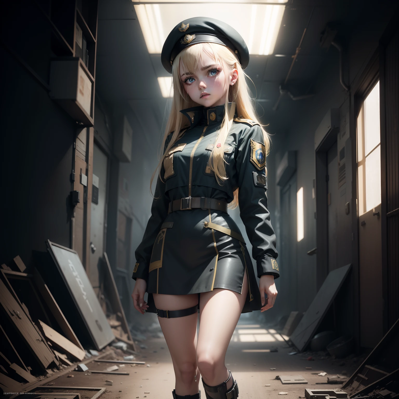 ukrainian girl , Ukrainian anime girls , , Ukraine , Full body composition of young girl with messy bright blonde hair,eye make up, 14 year old, Soft lighting, Solo, Old torn dirty shabby futuristic military uniform, badges, Pose, Blotch color, Octane Render, Hyperrealistic intricate detail, Cinematic, 8K resolution, 70mm, Accent Lighting, Global Illumination, Full body portrait, clean detailed faces, intricate clothing, Cute face, flat chest, Slim waist, Slim legs, small hips,Wearing a beret,Special Forces Clothing,