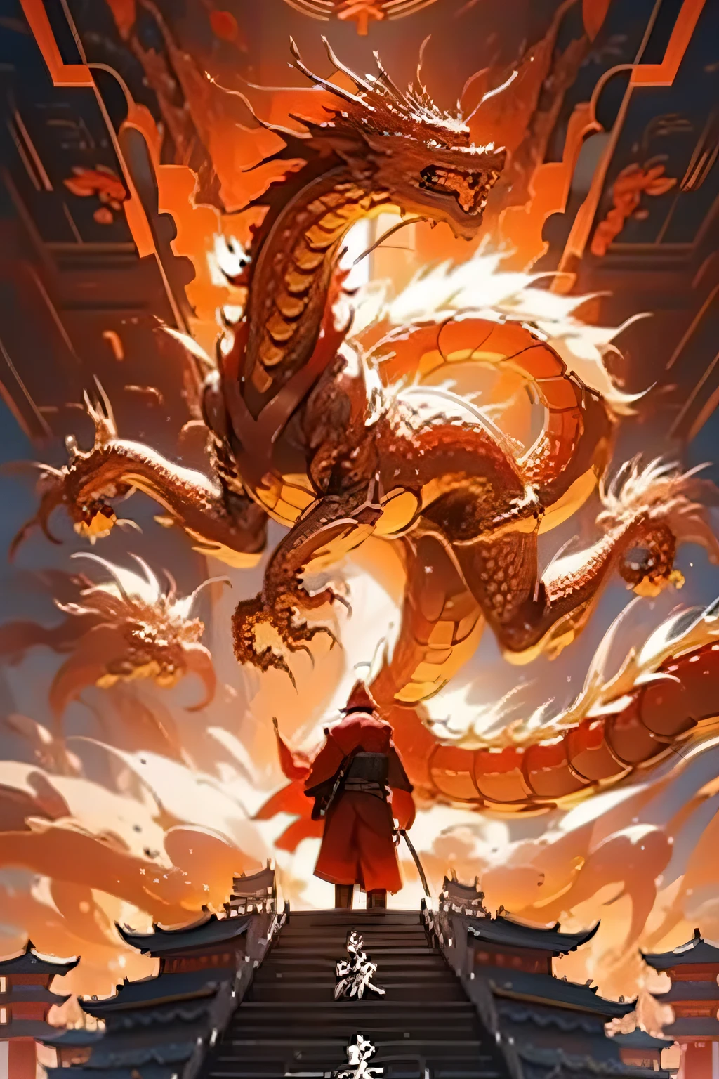 ((Red dragon)))，chinesedragon，(((Behind it is a huge Chinese dragon)))，