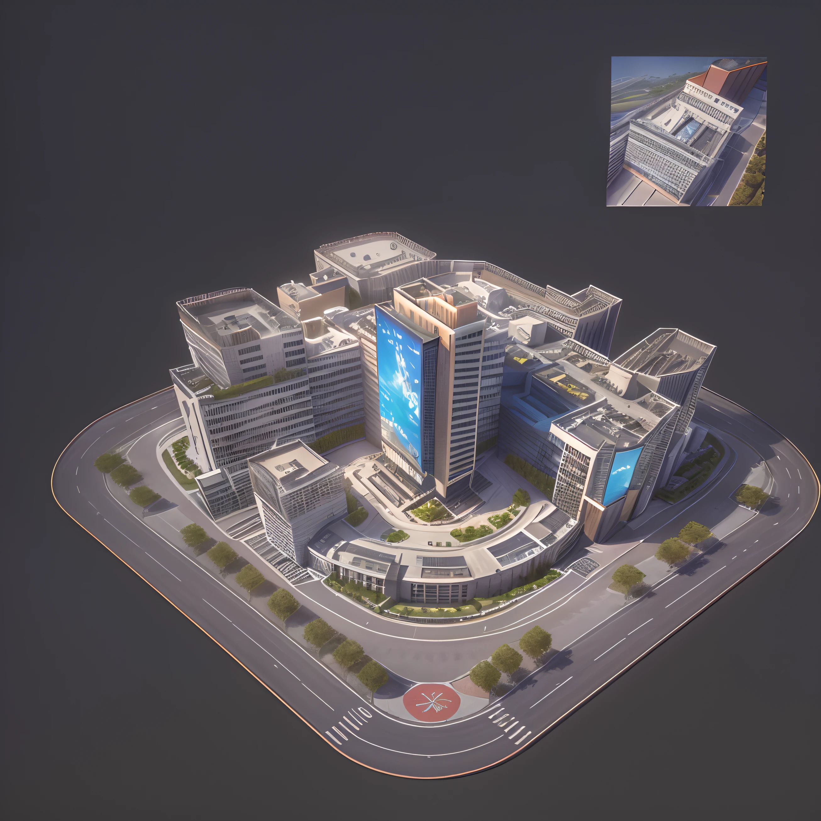 Alavid view of the building with parking and parking, complex 3 d render, Complex 3 D rendering, highly detailed 3d render, highly detailed 3d render, hq very detailed, isometric 3d render, videogame 3d render, 3 d videogame render, medical complex, 3d highly detailed, 3 d highly detailed, 3 d city