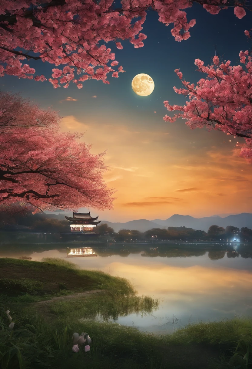 A lake,Meadows next to it,People enjoy the moon on the grass,In the distance are tall buildings。There was a full moon hanging in the sky,There are also Kong Ming lanterns