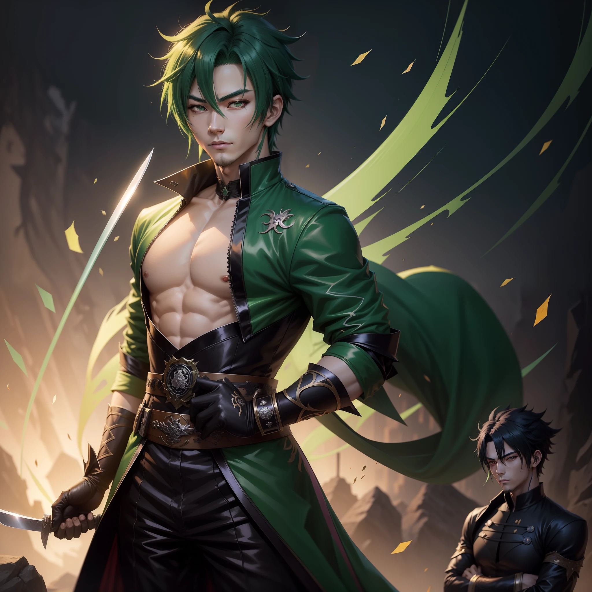 Anime character with green hair and black gloves holding knife, by Yang J, sage ( pricing ), keqing from genshin impact, demon slayer rui fanart, demon slayer artstyle, detailed anime character art, handsome guy in demon slayer art, rogue anime girl, zhongli from genshin impact, G Liulian art style, character artwork