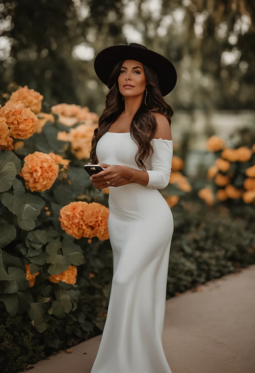 mulher latina, 36-year-old brunette with black hat holding an iPhone 12 Pro Max white, designed for cozy aesthetics!, Florido, foto do produto de alta qualidade, Floral Bling, arte do designer, foto oficial do produto, full facial vision, bottom angle, foto do produto em miniatura, foto de produto de alto detalhe, sonho floral, Tecnologia, foto profissional do produto, 1614572159, foto retrato