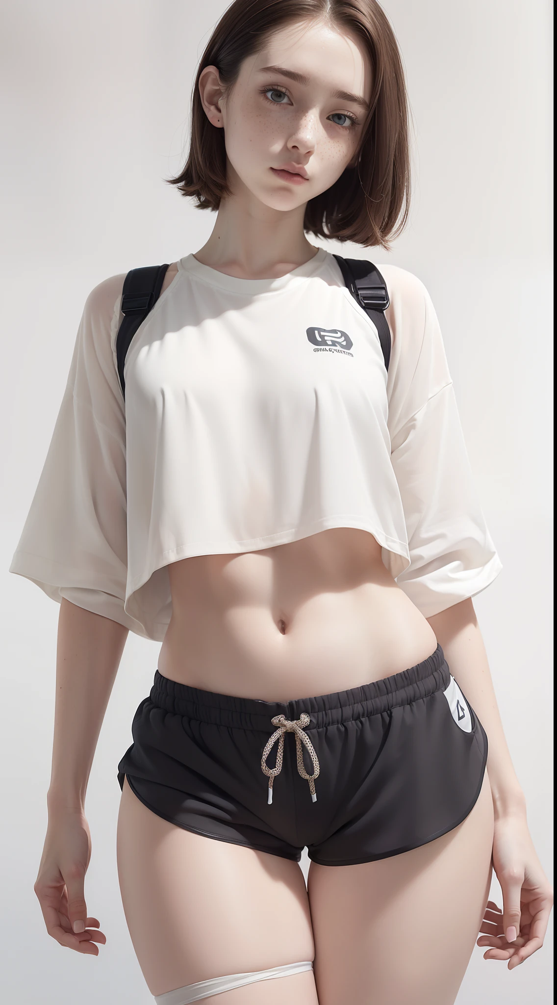dynamic pose,1girl,pale skin,delicate face,freckles,intricate details,(baggy shirt,gym shorts:1.3),small waist,(wide thigh gap:1.3,thick thighs:1.3),white background,(best quality:1.2,ultra-detailed,realistic:1.37),portrait,soft colors,polished lighting
