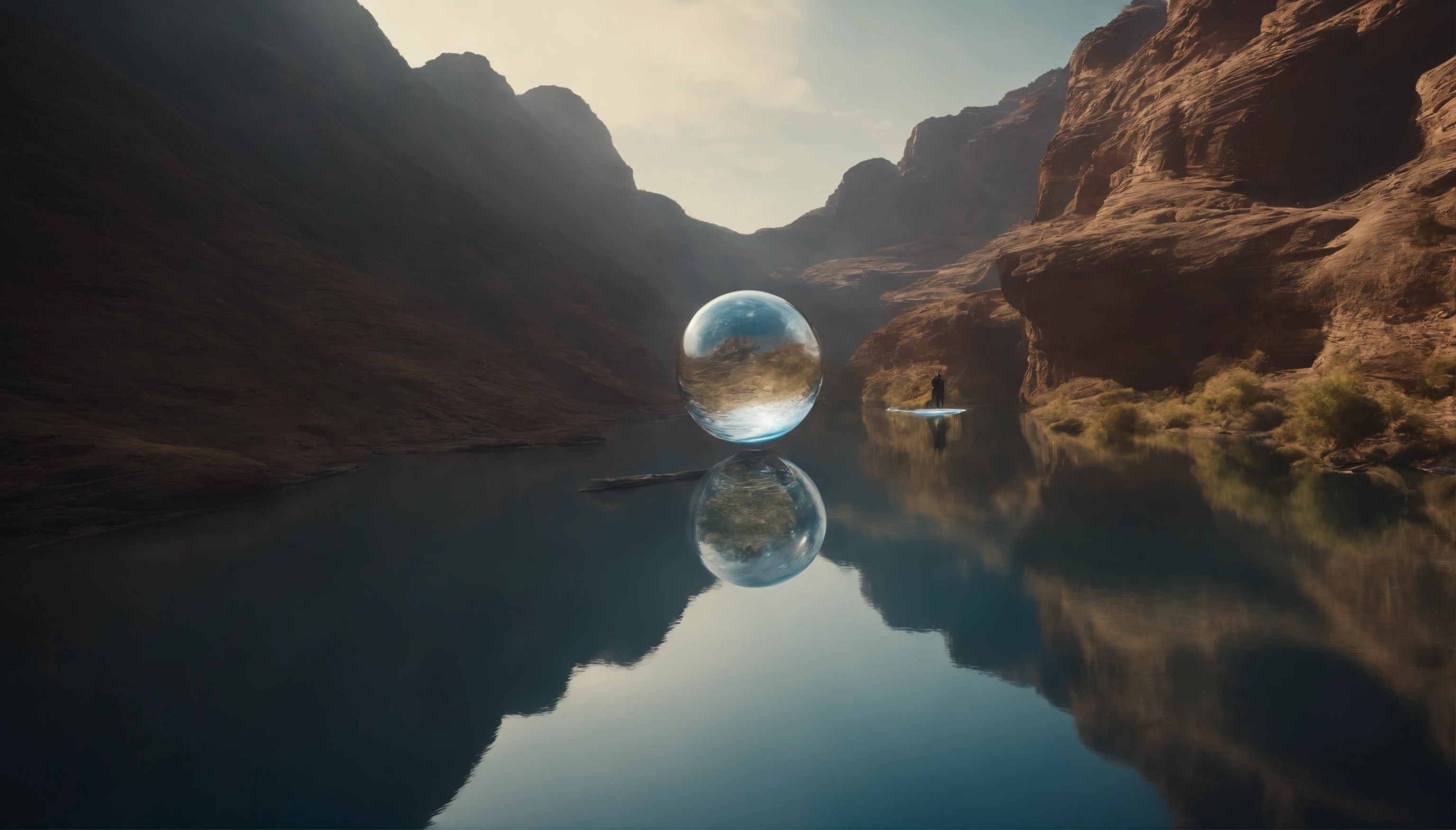 A quiet canyon,There is a wide river in the center。Above the canyon,Several futuristic style drones fly in the air。A transparent crystal ball floats in the middle of the river,The inside is filled with blue liquid。An alien spaceship is docked at the edge of the canyon,Several blue aliens communicate with humans。In the sky in the distance,Several planets of different colors can be seen。