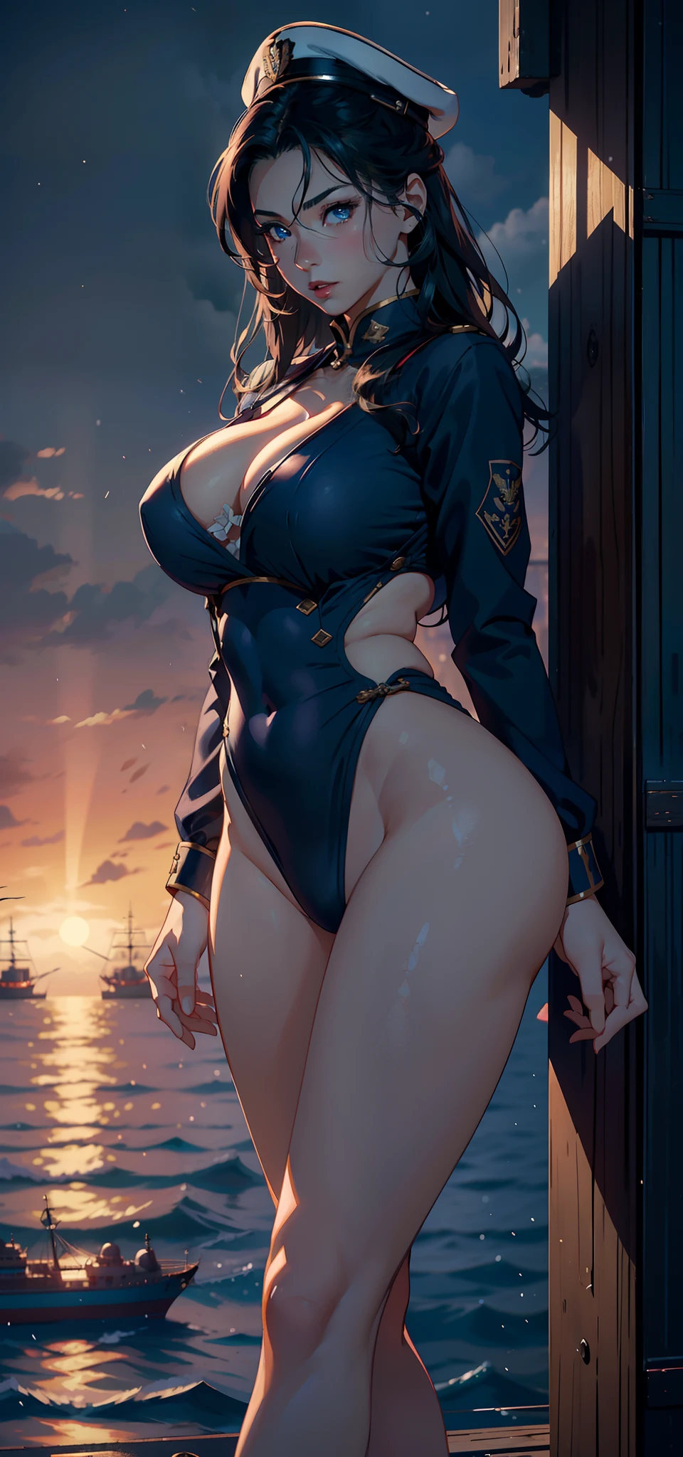 1female,43 yeas old,A MILF,熟妇,plumw,huge-breasted,Big breasts Thin waist,long leges, 独奏,(Background with:the sea,battleships,warships,at winter season,Blizzarding,Ship formation) She has very short black hair,bobo head,Stand on a warship,,seen from the front, hair straight, mostly cloudy sky,(((tmasterpiece),(Very detailed CG unity 8K wallpaper),best qualtiy,cinmatic lighting,detailed back ground,beatiful detailed eyes,Bright pupils,Blue eyes,(Very fine and beautiful),(Beautiful and detailed eye description),ultra - detailed,tmasterpiece,)),facing at camera,A high resolution,ultra - detailed),Snow-white skin,Redlip,revealing breasts,Bare genitalia, Bulge,legs are open,Raised sexy,Camel toes,Flushed complexion,Desire for dissatisfaction,frontage,Chinese Navy,Sailor's cap(Wearing:Dark blue sailor uniform,Bare breasts)