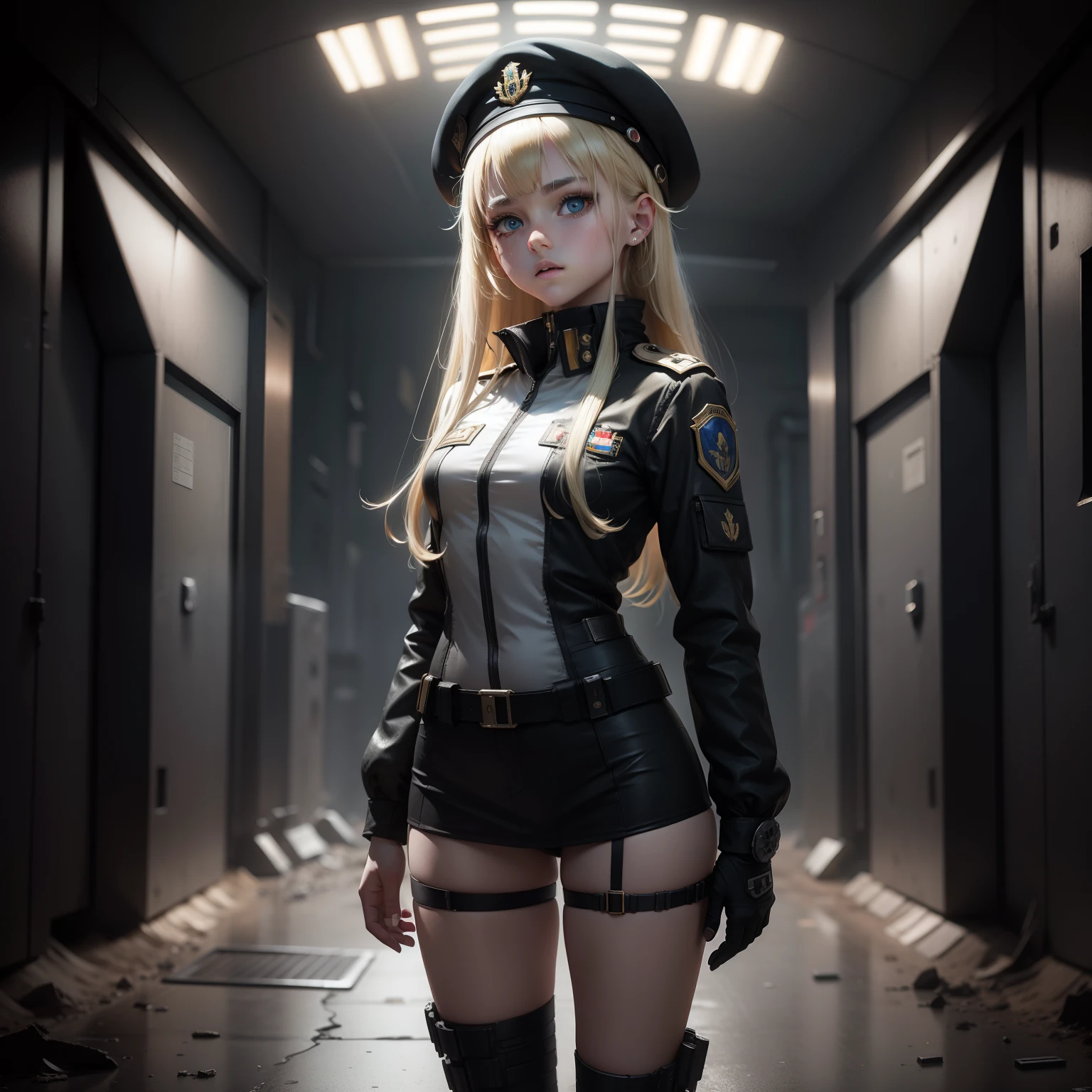 ukrainian girl , Ukrainian anime girls , , Ukraine , Full body composition of young girl with messy bright blonde hair,eye make up, 14 year old, Soft lighting, Solo, Old torn dirty shabby futuristic military uniform, badges, Pose, Blotch color, Octane Render, Hyperrealistic intricate detail, Cinematic, 8K resolution, 70mm, Accent Lighting, Global Illumination, Full body portrait, clean detailed faces, intricate clothing, Cute face, flat chest, Slim waist, Slim legs, small hips,Wearing a beret,Special Forces Clothing,