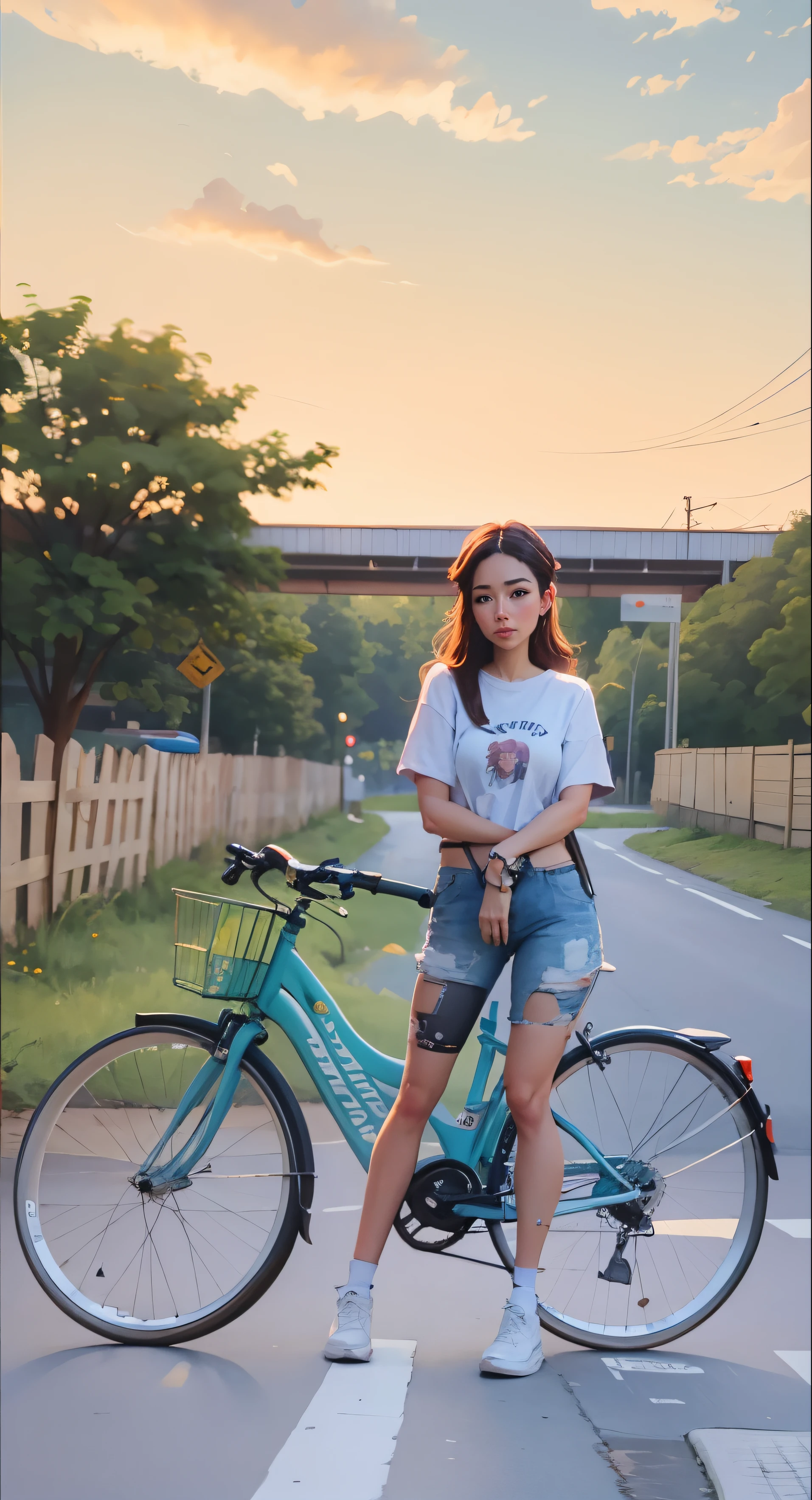 Pintura de una mujer parada junto a una bicicleta en una carretera, Obras de arte al estilo de Guweiz, realismo artstyle, Pintado en Anime Painter Studio, Alabanza Artstyle, Hecho con Anime Painter Studio, Estilo anime mezclado con Fujifilm, Paisaje de Ilya Kuvshinov, realistic artistic style, Chica Lofi, Retrato de Lofi, Bicicleta en el fondo