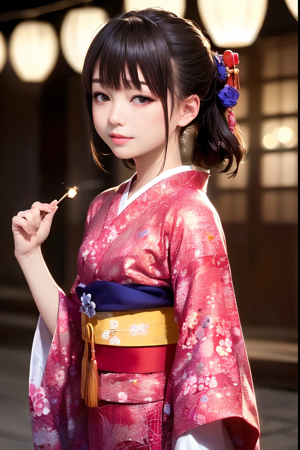 Upper body from the waist up、Are sleeping、nap、(Sleeping with your eyes closed)、(4In K、masterpiece、hight resolution、Realistic and beautiful light and shadow、One girl、Solo Focus、(top-quality)、(Hi-Res)、(extremely delicate and beautiful)、(Beautiful 8k face)、(Brown-eyed)、(I close my eyes while smiling.)、(独奏)、(Clear skin)、(Soft hair)、(hugetits)、(Plaid kimono, Red and blue floral yukata)、((Awa Odori Pose))、((Bokeh lantern light night background))、((speedo))、(reality)、thin and small nose、(red lipsticks)、(Reddening cheeks)、poneyTail、(Lustrous skin)、((Ukiyo-e style))、Ultra-thin eyebrows、Ultra high image quality、(Wearing maiko-style makeup)、skin whitening、long and beautiful lashes、Turning around in the style of a Kyoto magazine model、((s asleep))、Lustrous skin、(Red-dyed cheeks)