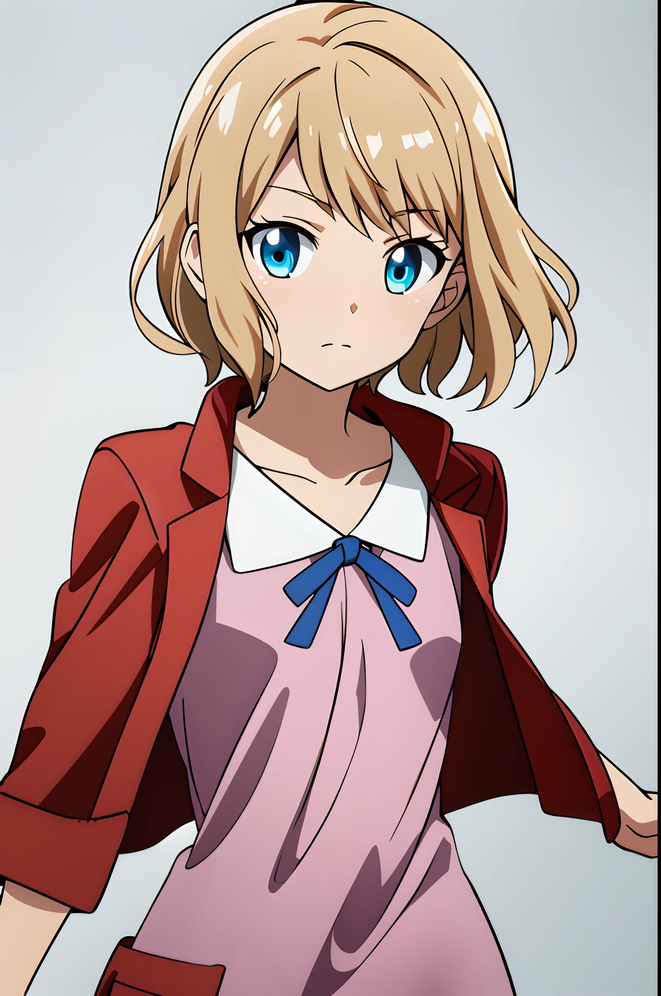 masterpiece, best quality, highres, serena \(pokemon\), short hair, blue eyes, 1girl, solo, blue ribbon, eyelashes, neck ribbon, sleeveless, bangs, collarbone, bare arms, pink dress , red coat, white background, front, no scenery, looking at the viewer,upper body, facing viewer, solid color background, clean background, facing the camera, high resolution, expressionless calm face, white back ground, looking away