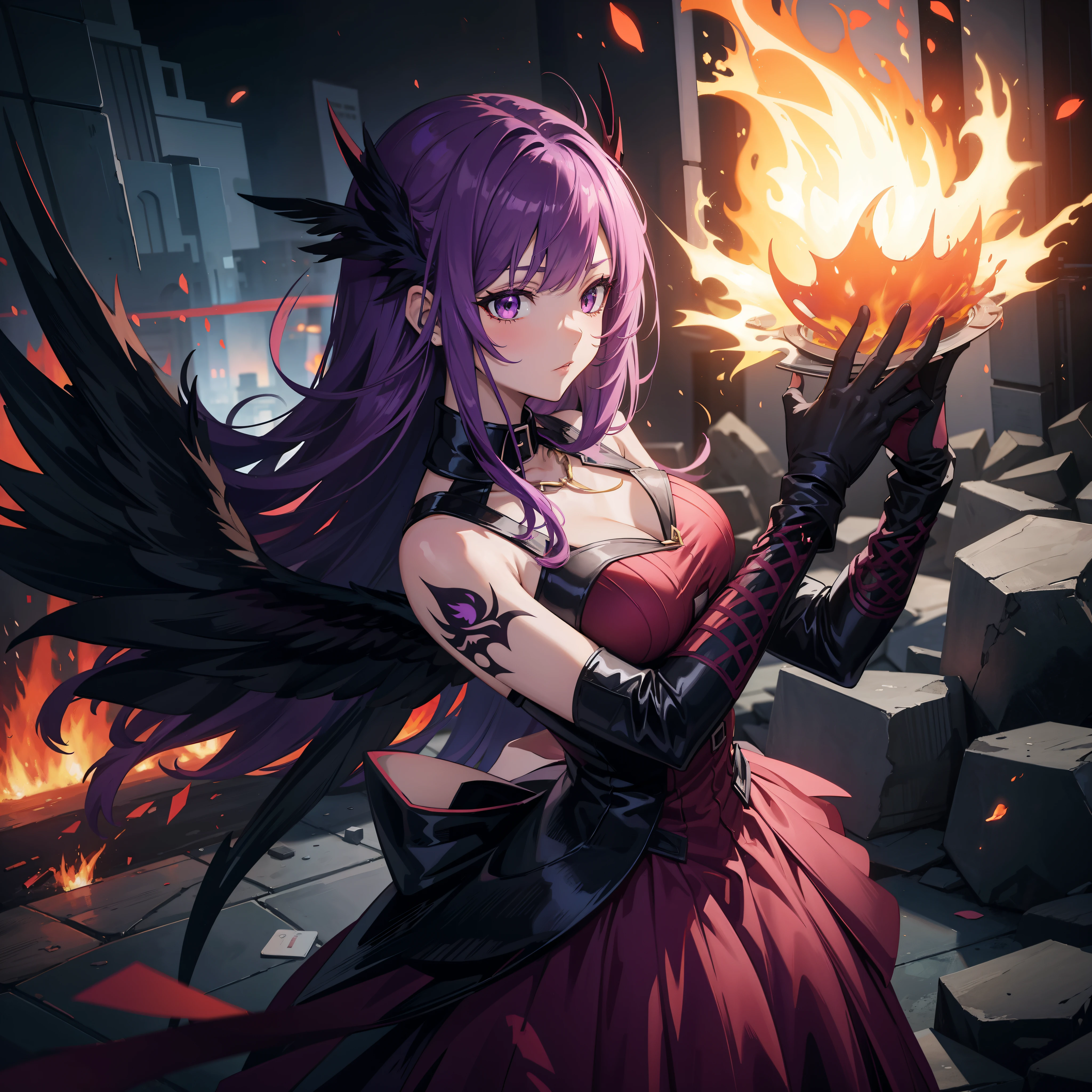 Anime girl, purple hair, black wings, red dress, holding fire