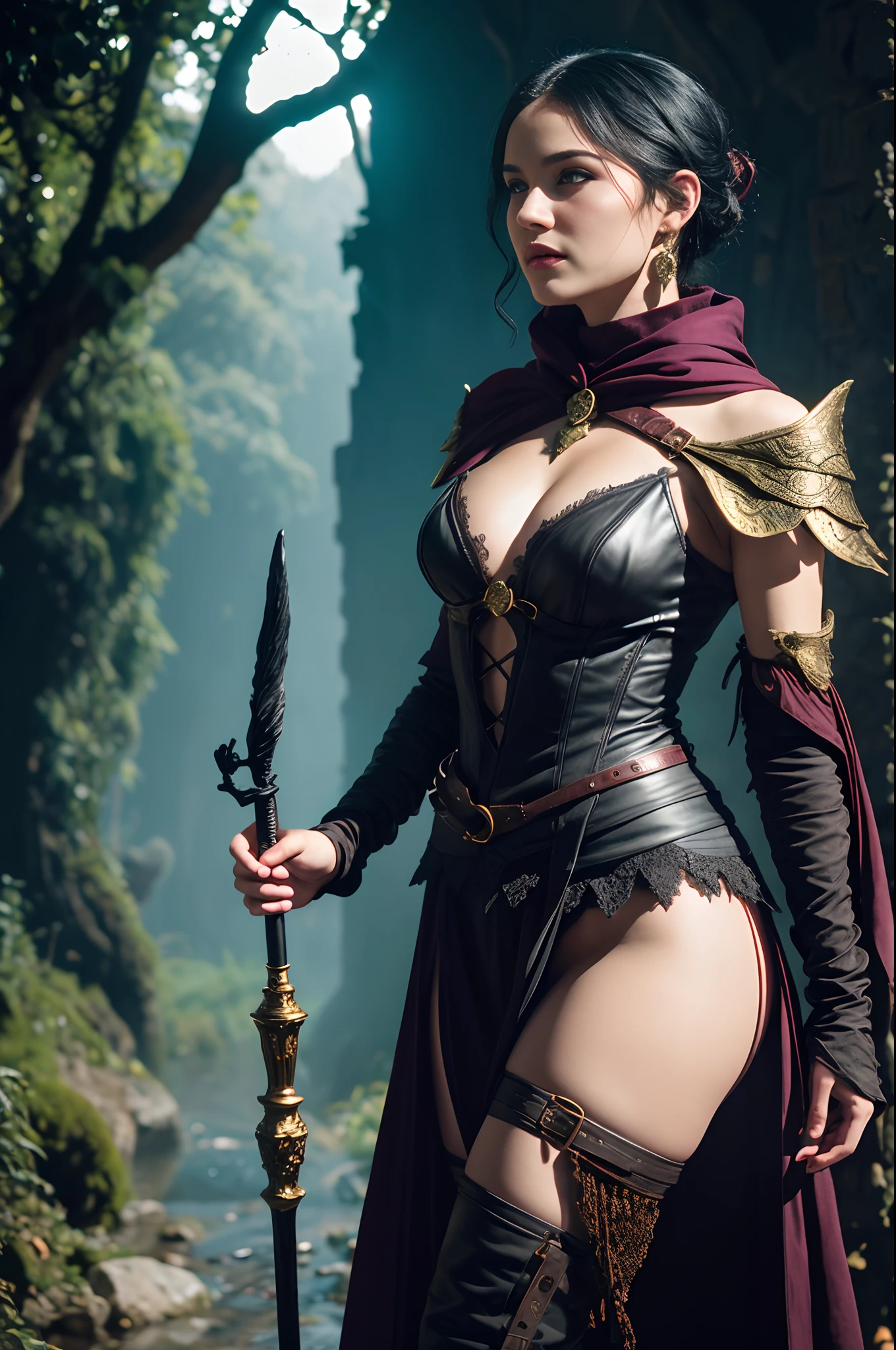 Masterpiece, Morrigan from Dragon Age, witch of the wilds dress, (skin texture:1.1), (fantasy world background), wizard's staff, magical aura, best quality, ultra high res, (photorealistic: 1.4), Raw photo, by Ellen von Unwerth, Nikon D850 Film Stock Photography, F1.6 Lens, Rich Colors, Realistic, Cinestill 800, backlight, rimlighting, intense sunlight