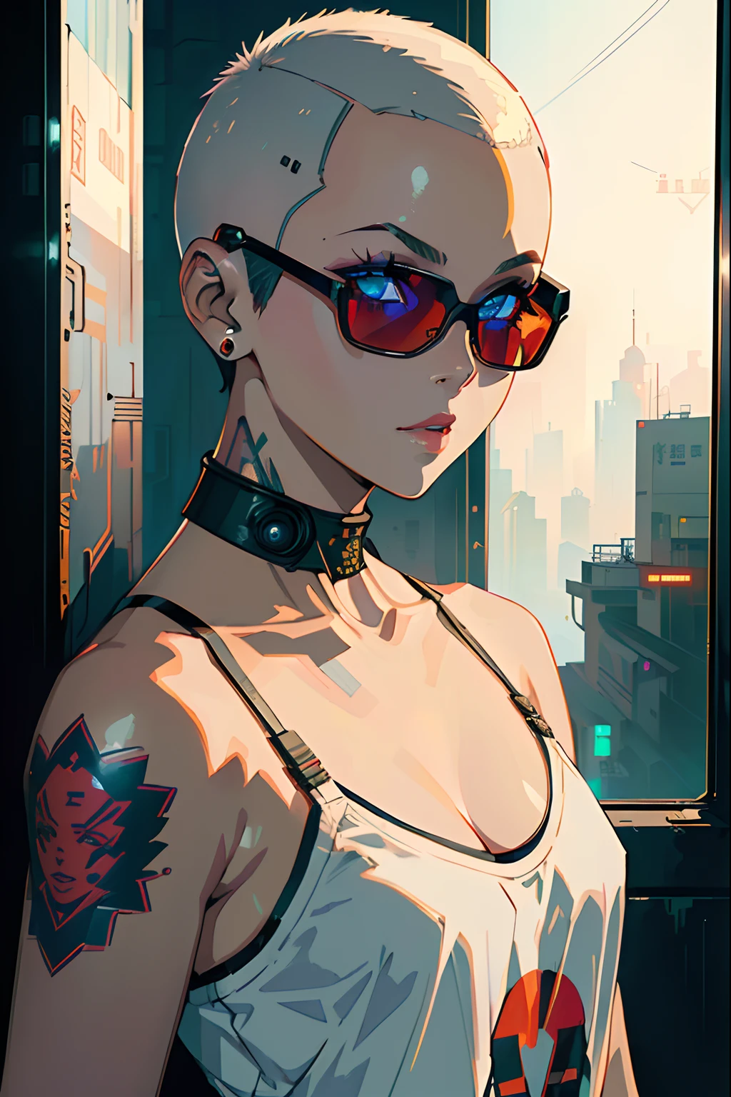 There is a woman with short shaved hair, cabelo careca, com uma tatuagem no peito e um colar, Arte no estilo de Guweiz, O retrato da cyberpunk, cyberpunk meninaa, Cyberpunk 2 0 e. o modelo menina, garome cyberpunk, menina cyberpunk sra, arte digital do anime cyberpunk, deviantart artstation cgscosiety, Retrato CGSetivity, Ilya Kuvshinov. 4 mil