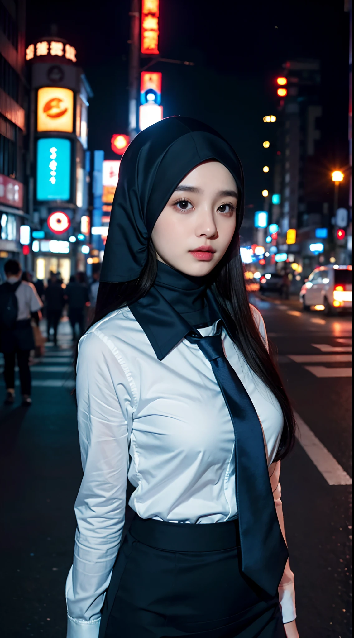 1girl, Tokyo street,night, cityscape,city lights, upper body,close-up, 8k, RAW photo, best quality, masterpiece,realistic, photo-realistic, wearing modern hijab, white shirt, blue tie, blue skirt