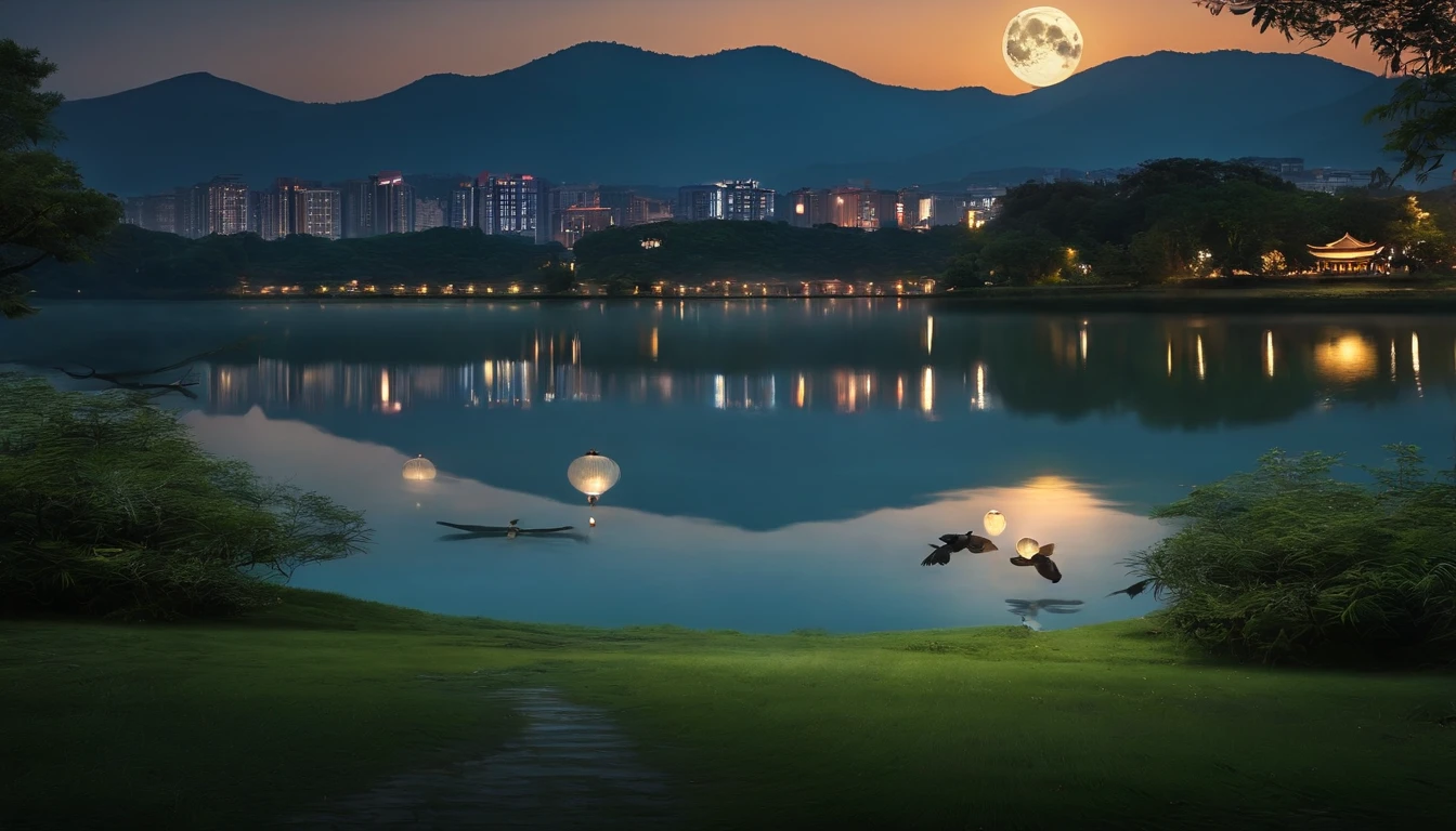 A lake，Meadows next to it，People admire the moon on the grass，In the distance are high-rise buildings。There is a full moon hanging in the sky，There are also Kong Ming lanterns
