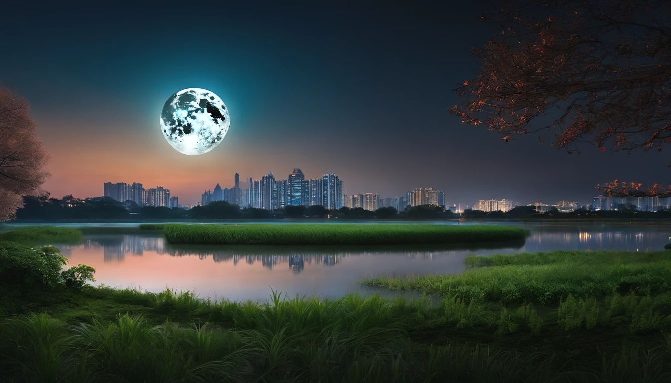 A lake，Meadows next to it，People admire the moon on the grass，In the distance are high-rise buildings。There is a full moon hanging in the sky，There are also Kong Ming lanterns
