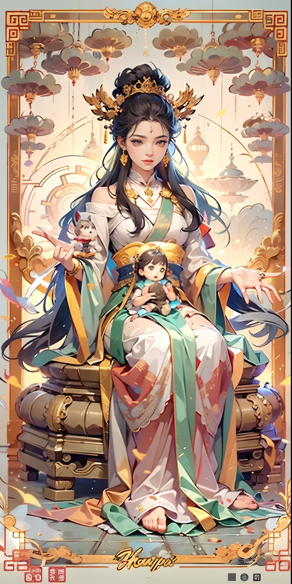 （Chinese immortals）, （Buddhism）, Multip_Hands，（mythological stories）, （bodhisattva）, She sits on a lotus, Holding a baby girl，（Delicate and beautiful face）, （White silk robe）sitting on a lotus flower, Frontal photo，Light smile, neo-classical, OP Art, Chiaroscuro, Cinematic lighting, god light, Ray tracing, character sheets, projected inset, first person perspective, hyper HD, Masterpiece, ccurate, Textured skin, Super detail, High details, High quality, Award-Awarded, Best quality, A high resolution, 8K