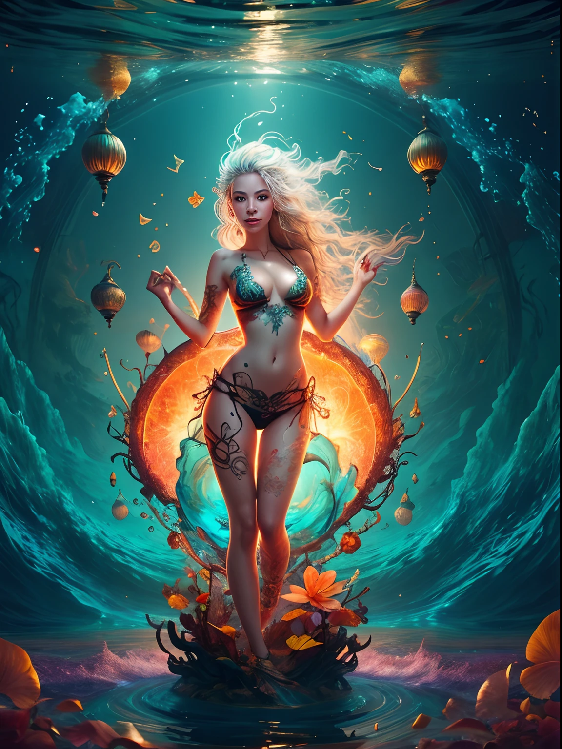 ,beautiful goddess emerging from the ocean, caucasian girl with shiny silver hair, full female body, golden eyes, wild waves, big waves, oriental mandala tattoos, transparent dresses, skin wet with water, stormy sky, sunset sky red stormy clouds, ancient temple floating in the sea, floating old clock, lamp, lantern, beautiful girl with a slight smile, transparent blouse, black vikini, fantasy, fractal,, Sakimichan-style art, slight smile, legs open, pubic hair view, 1 sexy girl, exposed breasts, open transparent T-shirt, Mandala and flower tattoos, Best Quality ,black hair fused with platinum and gold, naked girl, visible beautiful pubic area, pink pesons, small breasts in sight, tattoos on the naked body, old floating clock, lamp, lantern , skin wet with water, open legs,multicolored sea waves, full body, sea goddess rising from water and waves,, beautiful girl closeup view,, Belinda, blonde brown hair, dappled sunlight, luminescent glow orange cyan liquid lamp, liquid splash art, sky with storm and a psychedelic nebula silhouette, tribal, wide angle shot, red, green, brown, luminescent glow colors liquid, digital painting, by Koos Roos art, sharp focus, studio shot, intricate detail, effect splash, small bubbles floating, highly detailed, sharp focus, studio shot, intricate detail, highly detailed, by Koos Roos, multicolored ocean, psychedelic moving waves, long hair fused into multicolored sea waves, light lantern, lamp and antique clock,water-soaked skin and clothing, mujer desnuda, nalgas grandes, dama desnuda,