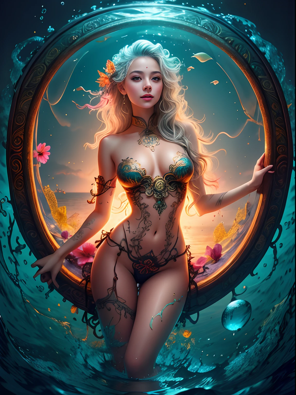 ,beautiful goddess emerging from the ocean, caucasian girl with shiny silver hair, full female body, golden eyes, wild waves, big waves, oriental mandala tattoos, transparent dresses, skin wet with water, stormy sky, sunset sky red stormy clouds, ancient temple floating in the sea, floating old clock, lamp, lantern, beautiful girl with a slight smile, transparent blouse, black vikini, fantasy, fractal,,  Sakimichan-style art, slight smile, legs open, pubic hair view, 1 sexy girl, exposed breasts, open transparent T-shirt, Mandala and flower tattoos, Best Quality ,black hair fused with platinum and gold, naked girl, visible beautiful pubic area, pink pesons, small breasts in sight, tattoos on the naked body, old floating clock, lamp, lantern , skin wet with water,  open legs,multicolored sea waves, full body, sea ​​goddess rising from water and waves,, beautiful girl closeup view,, Belinda, blonde brown hair, dappled sunlight, luminescent glow orange cyan liquid lamp, liquid splash art, sky with storm and a psychedelic nebula silhouette, tribal, wide angle shot, red, green, brown, luminescent glow colors liquid, digital painting, by Koos Roos art, sharp focus, studio shot, intricate detail, effect splash, small bubbles floating, highly detailed, sharp focus, studio shot, intricate detail, highly detailed, by Koos Roos, multicolored ocean, psychedelic moving waves, long hair fused into multicolored sea waves, light lantern, lamp and antique clock,water-soaked skin and clothing, mujer desnuda, nalgas grandes, dama desnuda,