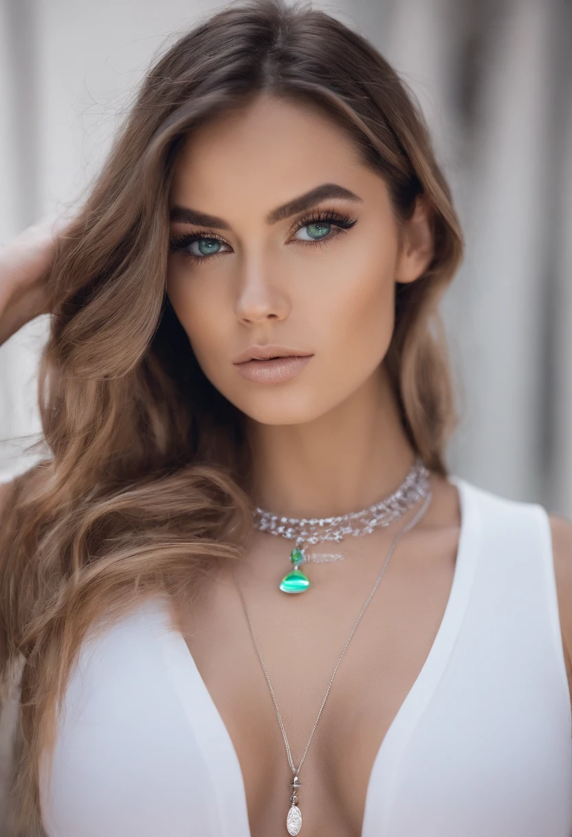 Arafed woman with a white tank top and necklace, fille sexy aux yeux verts, Portrait Sophie Mudd, cheveux bruns et grands yeux, selfie of a young woman, Yeux de chambre, Violet Myers, sans maquillage, maquillage naturel, looking straight at camera, Visage avec Artgram, Maquillage subtil, stunning closeupheadshot, piercing green eyes