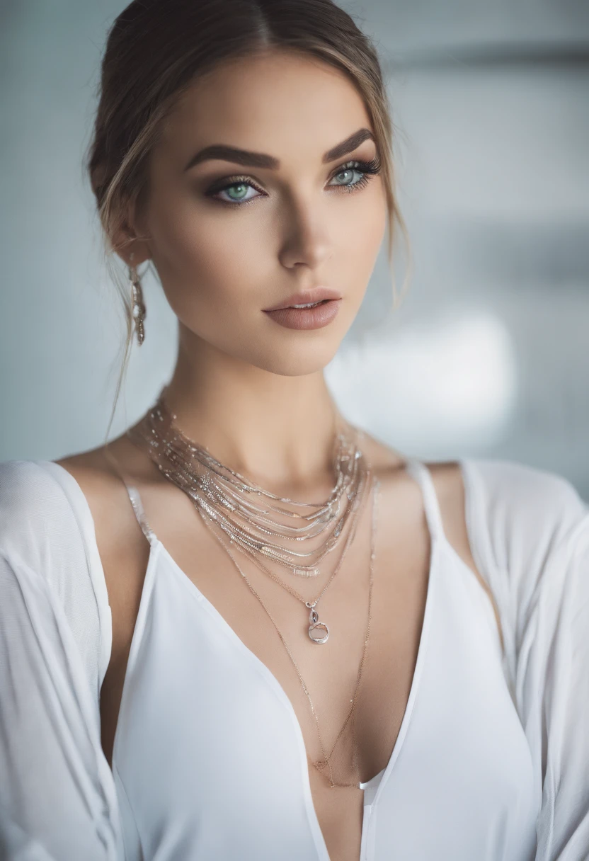 Arafed woman with a white tank top and necklace, fille sexy aux yeux verts, Portrait Sophie Mudd, cheveux bruns et grands yeux, selfie of a young woman, Yeux de chambre, Violet Myers, sans maquillage, maquillage naturel, looking straight at camera, Visage avec Artgram, Maquillage subtil, stunning closeupheadshot, piercing green eyes