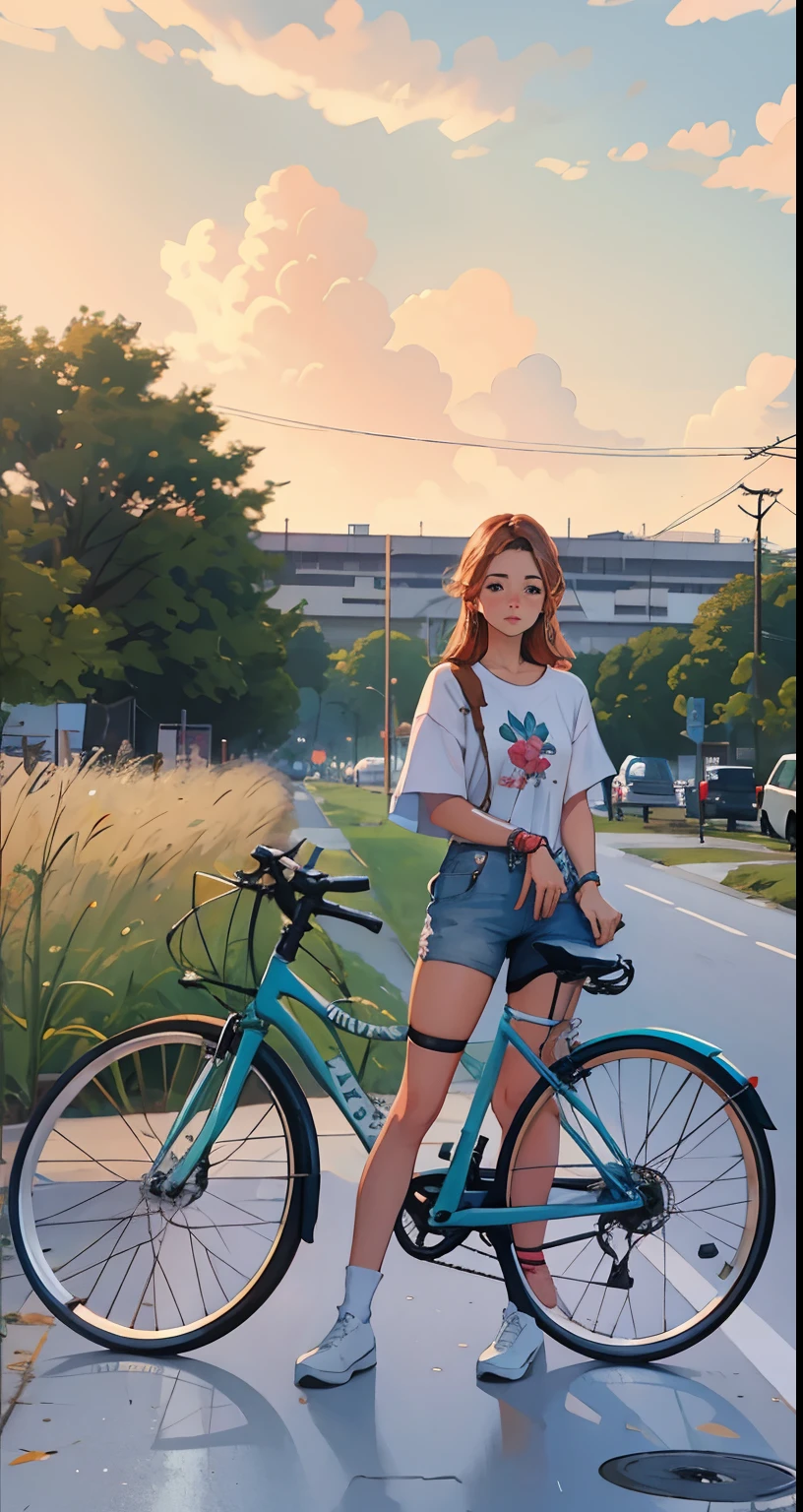 Pintura de una mujer parada junto a una bicicleta en una carretera, Obras de arte al estilo de Guweiz, realismo artstyle, Pintado en Anime Painter Studio, Alabanza Artstyle, Hecho con Anime Painter Studio, Estilo anime mezclado con Fujifilm, Paisaje de Ilya Kuvshinov, realistic artistic style, Chica Lofi, Retrato de Lofi, Bicicleta en el fondo