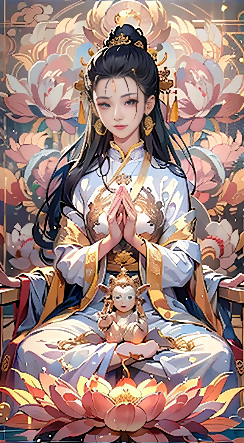 （Chinese immortals）, （Buddhism）, Multip_Hands，（mythological stories）, （bodhisattva）, She sits on a lotus, （Three hands on the left，Three hands on the right, Each hand holds a different Buddhist vessel, left right symmetry），（Delicate and beautiful face）, （White silk robe）sitting on a lotus flower, Frontal photo，Light smile, neo-classical, OP Art, Chiaroscuro, Cinematic lighting, god light, Ray tracing, character sheets, projected inset, first person perspective, hyper HD, Masterpiece, ccurate, Textured skin, Super detail, High details, High quality, Award-Awarded, Best quality, A high resolution, 8K