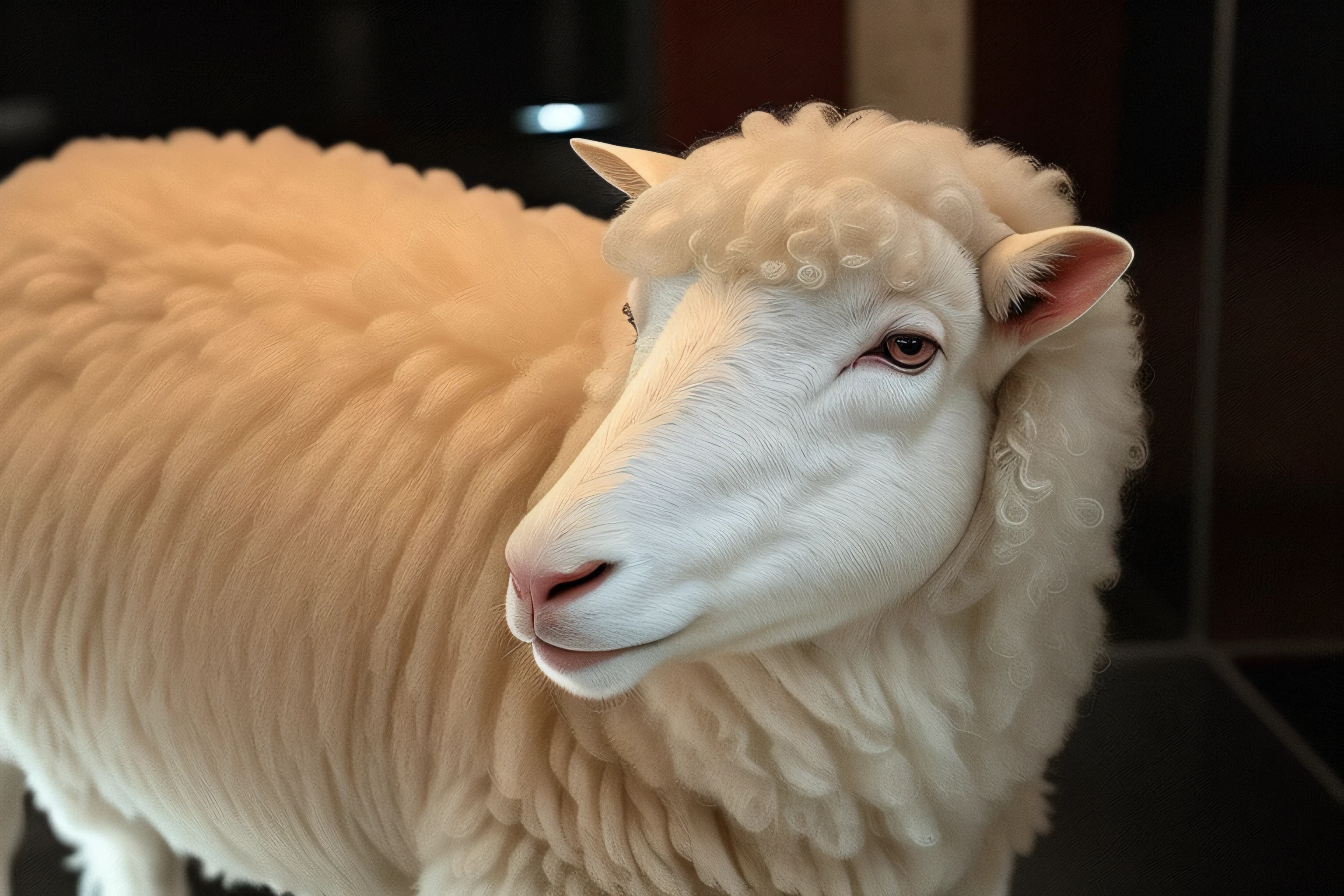 There is a sheep that is standing in a glass box, human lamb hybrid, ovelha, Sheep robot, sheep wool, ovelhas vestindo um terno, com focinho branco, Albino, lamb and goat fused as one, pele branca e olhos reflexivos, Albino intenso, com um nariz branco, rosto raspado, chifres brancos das sobrancelhas, wool, olhar em branco"