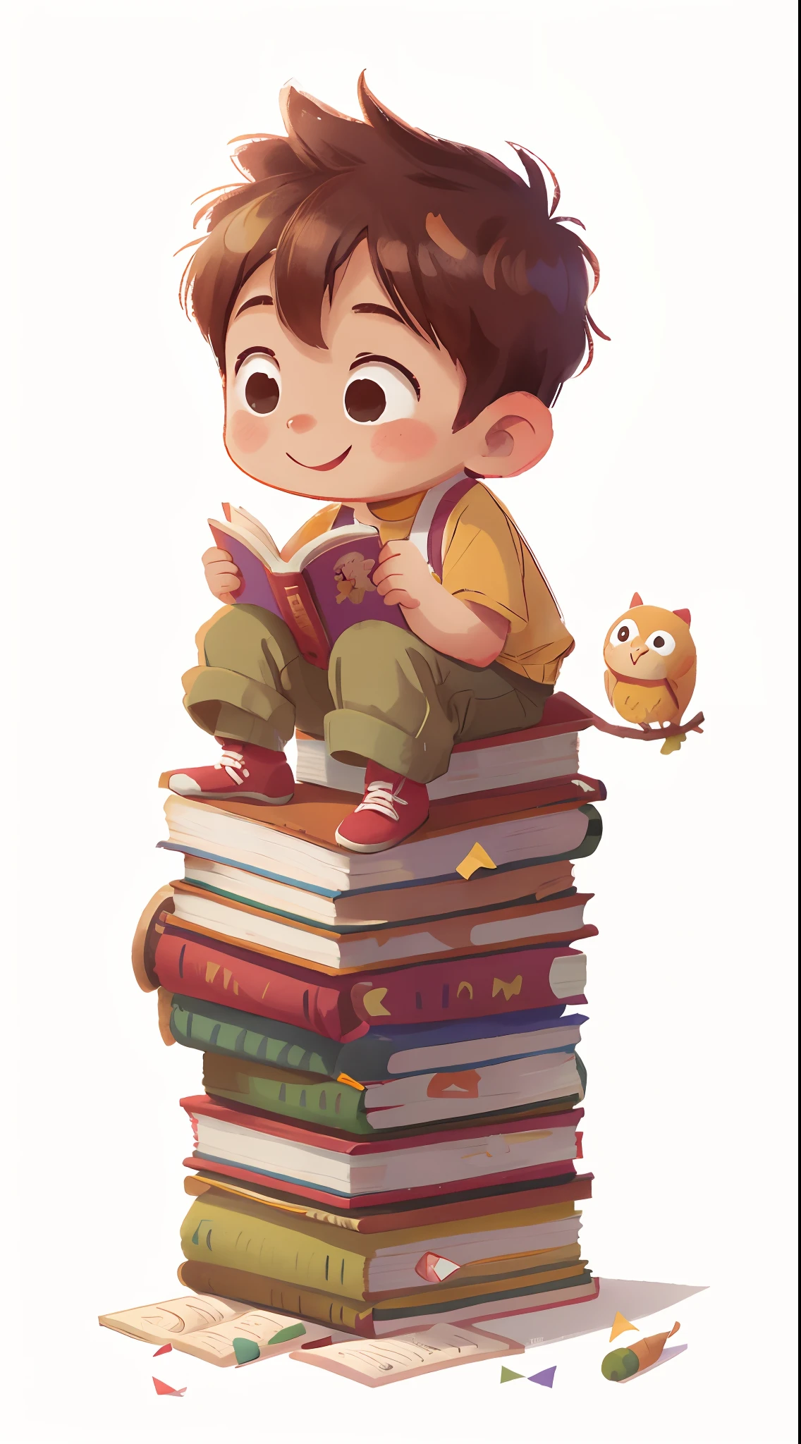 1  boy, sitting on a stack of books, white background, smile