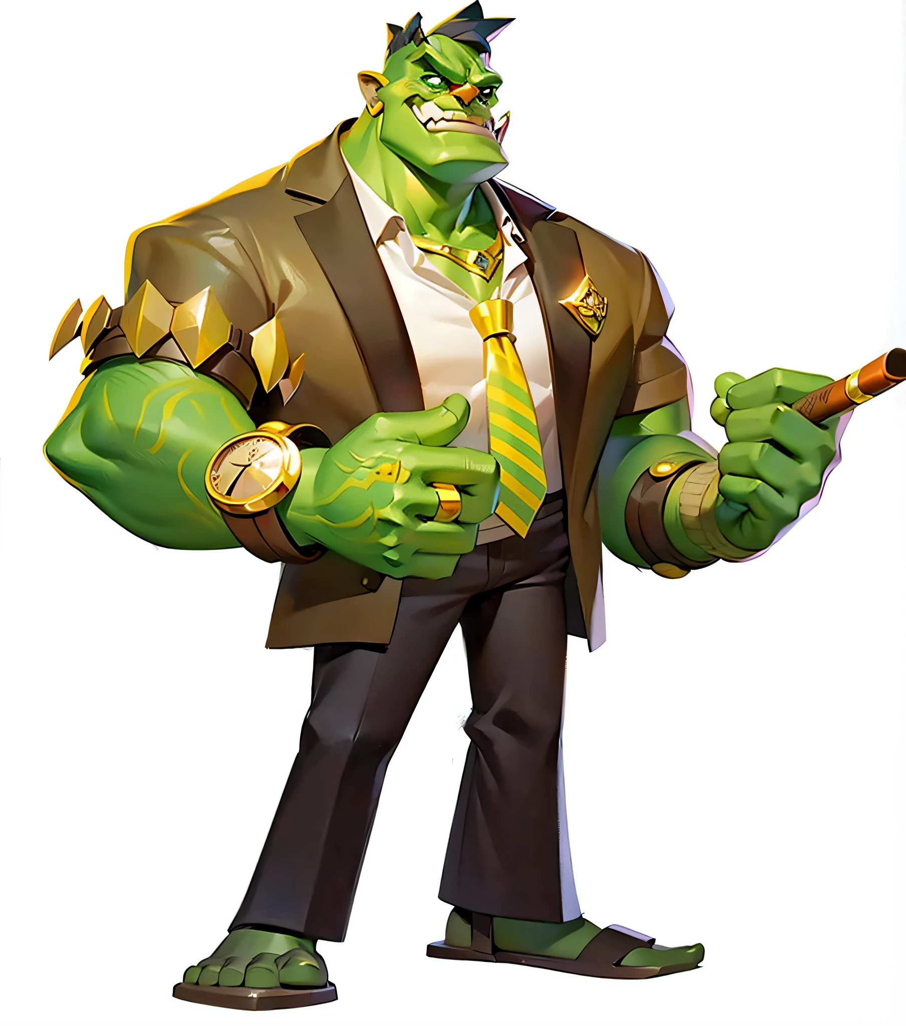 A cartoon image of a man in a suit and tie holding a cigar, Hand strap gold watch。golden necklace,Badge,official character illustration, manly monster tough guy, official character art, Handsome Frankenstein, Official concept art, The Hulk, portrait of an orc, merged character, super rich happy pepe, Portrait of the Hulk, inspired by Tomer Hanuka, menacing posture, Hulk, offcial art, Character artwork