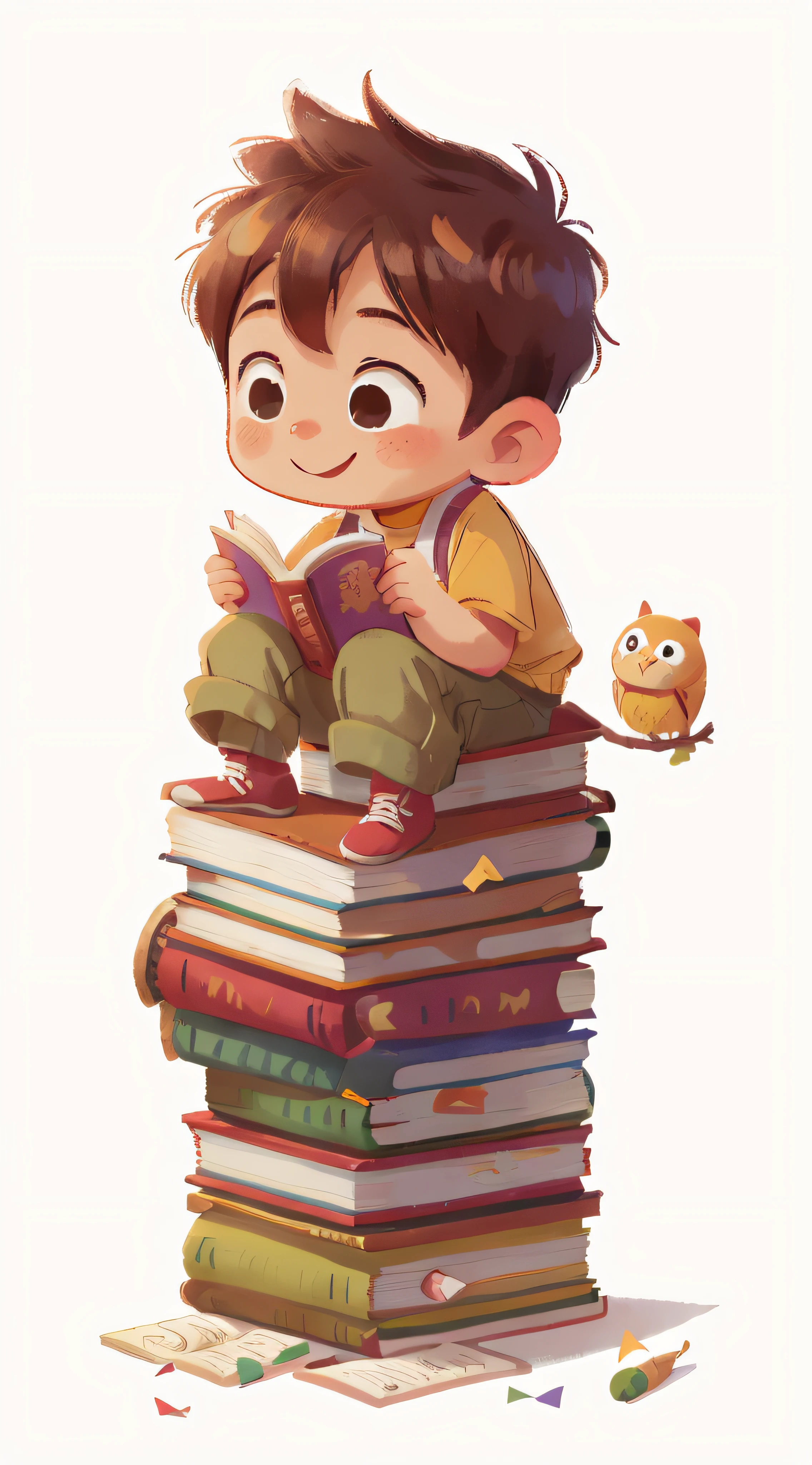 1 year old boy, sitting on a stack of books, white background, smile