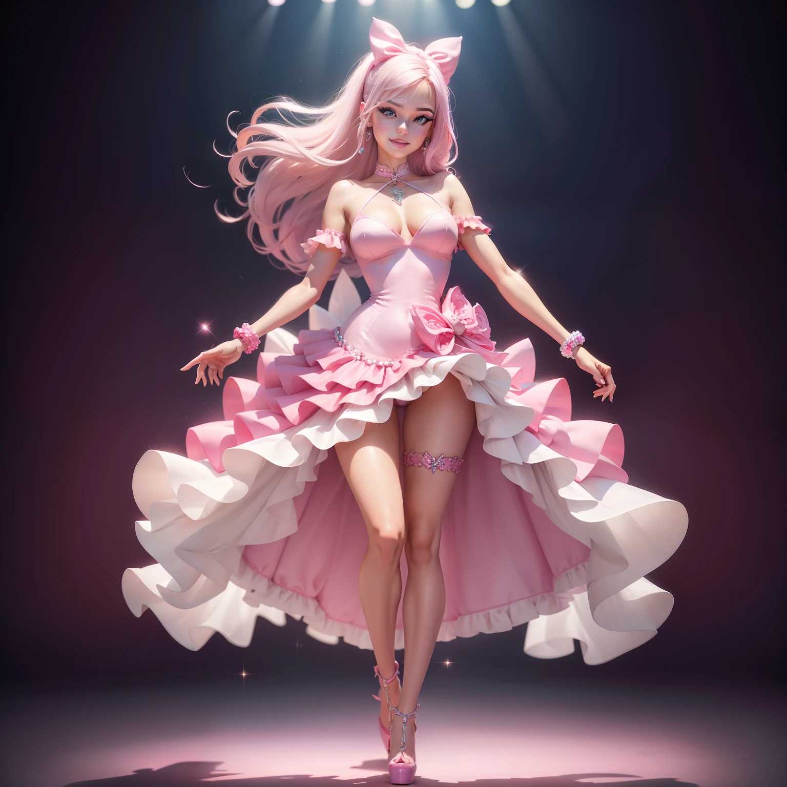 Barbie, ((Full body)), Blue eyes, Smiling face, Hair loss swaying in the wind, Hip Hop Singer Pose, Dressed in hip-hop style, Wearing a pink dress that reflects light,swarovski,pasties,With a pink bow on the arm, Fashion, Extremely high quality, high details, 8K, clean back ground, in studio, ((Full body shot)),Fingers are realistic,Accurate Hand Modeling,