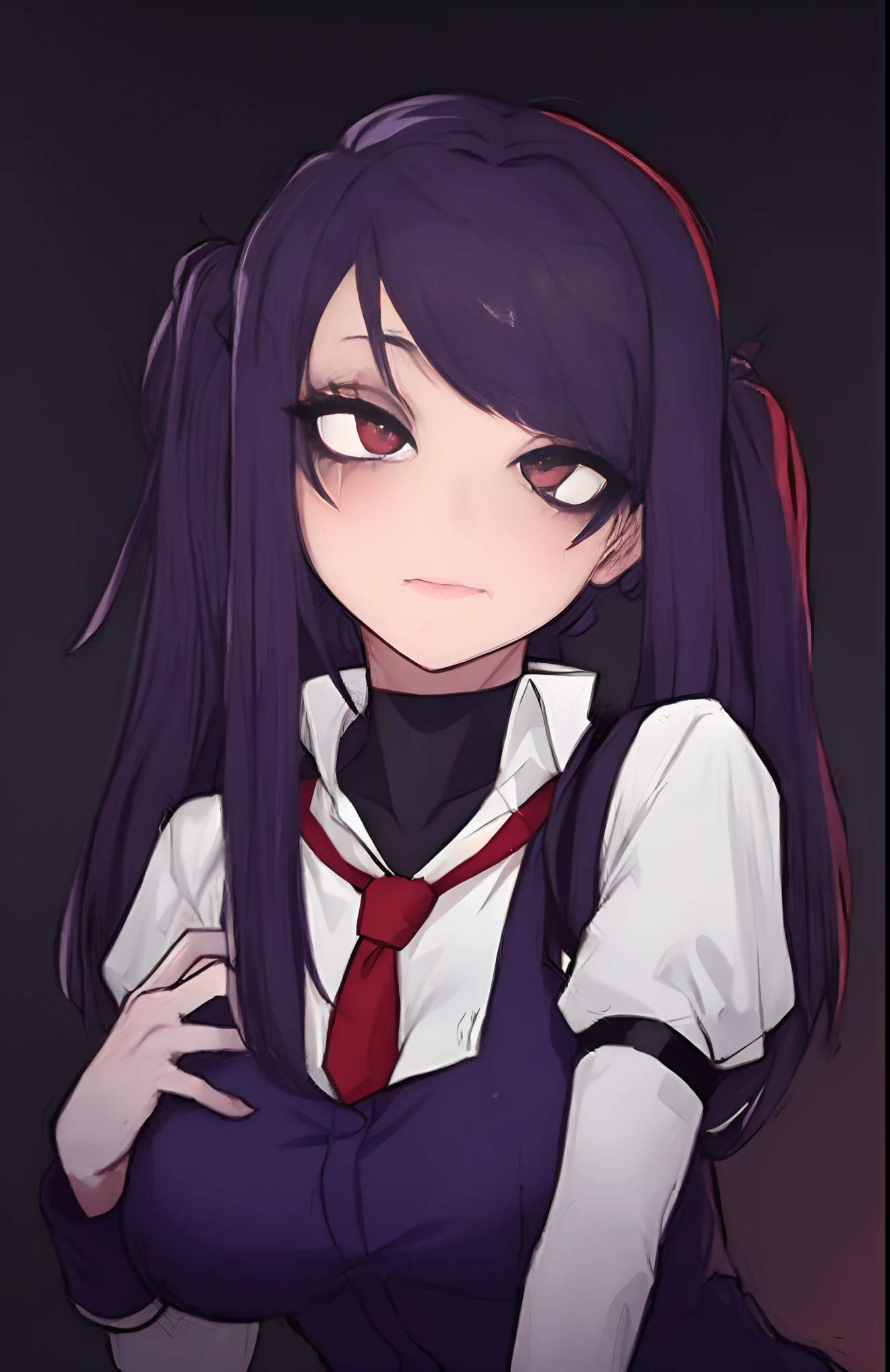 Menina anime com cabelo roxo longo e uma gravata vermelha, Gapmoe Yander, Yandere, Akane Owari Danganronpa, Yandere. alto, Gapmoe Yandere Grimdark, Retrato Gapmoe Yandere Grimdark, "Menina Anime, Ilya Kuvshinov com cabelo longo, Arte digital de Danganronpa