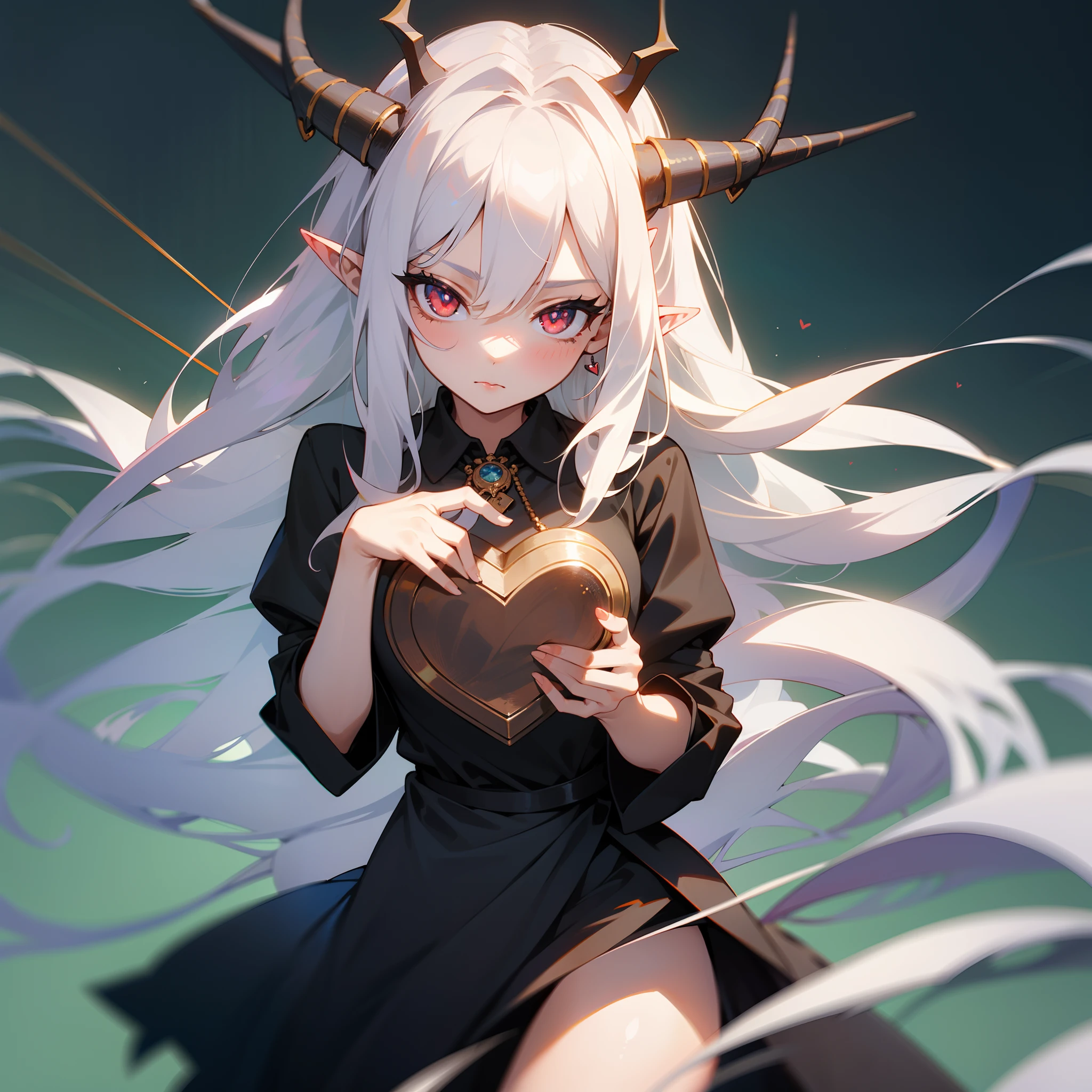 masterpiece, best quality),1girl with long white hair, Pointy ears, Horns, Blue half red Eyes, Beautiful, solo, beautiful background, Meduim chest, Wearing amulet, Black dress with yellow lines, Heart shaped pupils