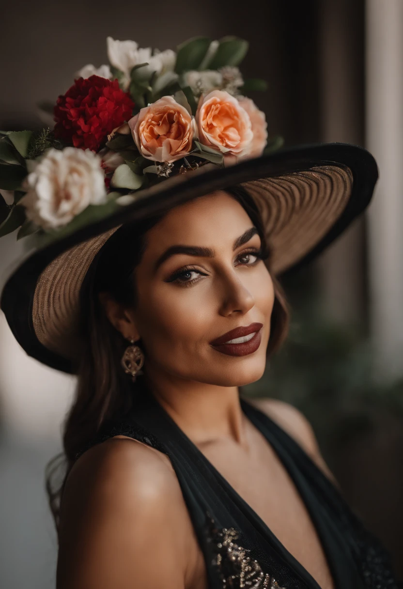 mulher latina, 36-year-old brunette with black hat holding a gorgeous white iPhone 12 Pro Max, designed for cozy aesthetics!, Wholesome, foto do produto de alta qualidade, Floral Bling, arte do designer, foto oficial do produto, full facial vision, bottom angle, foto do produto em miniatura, foto de produto de alto detalhe, sonho floral, Tecnologia, foto profissional do produto, 1614572159, foto retrato