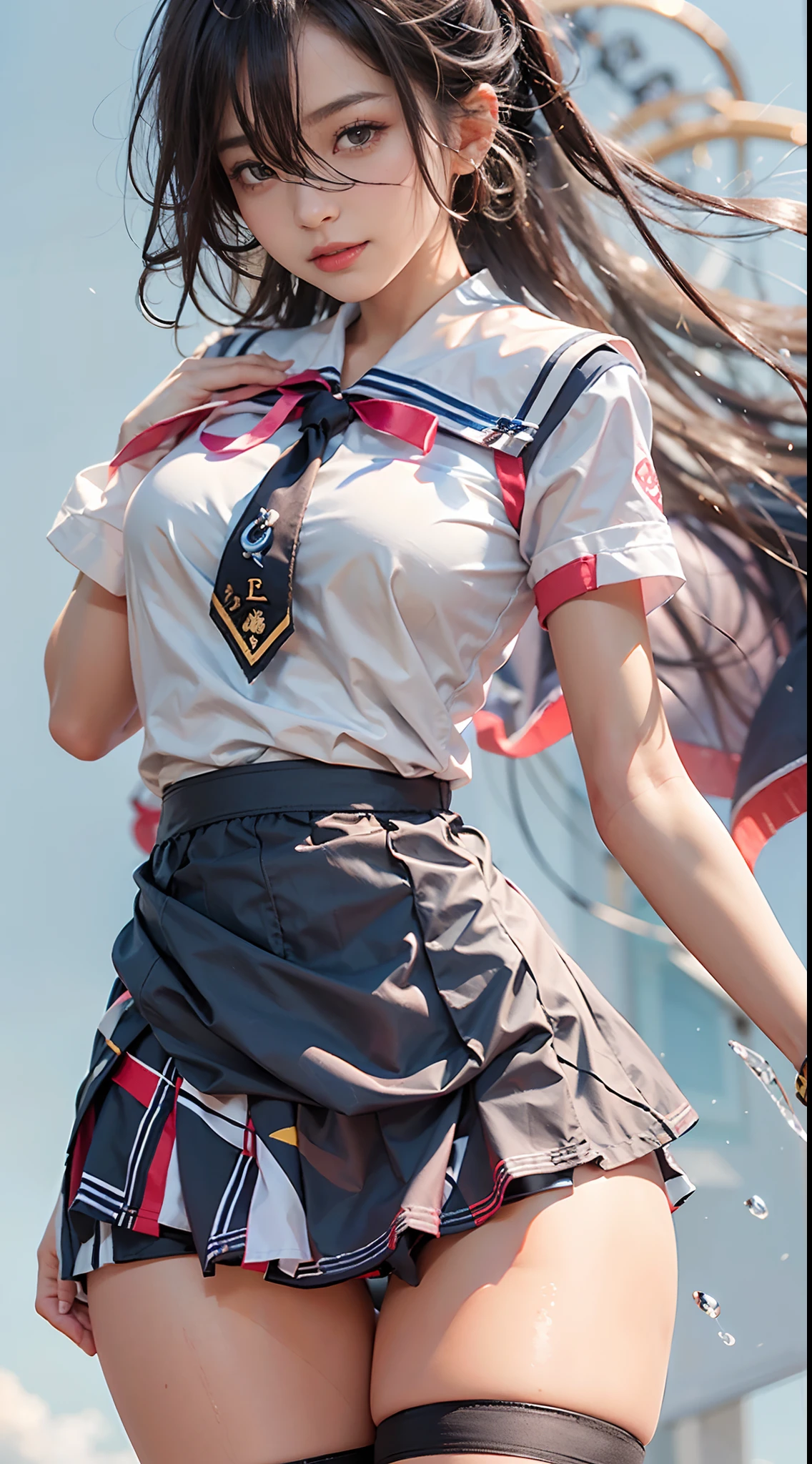 (NSFW), 1womanl, 24 year old, (Well-formed face), (Ideal ratio body proportions), ((facing back)), Point your butt at the camera, emphasis on the buttocks, High School in Japan, ((a sailor suit)), Ultra mini skirt, panties focus, ((Skirt flipping in strong wind)), (The upper body is tightly dressed), long , Wet, Smiling smile, de pele branca, A slender, Dark hair, short-hair, Skinny Legs, beauty legs, Small buttocks, Skinny Legs, surrealism, Cinematic lighting, depth of fields, One-person viewpoint, F/1.8, 135 mm, canon, nffsw, masutepiece, ccurate, Anatomically correct, Textured skin, Super Detail, high details, High quality, awardwinning, Best Quality, hight resolution, 8K