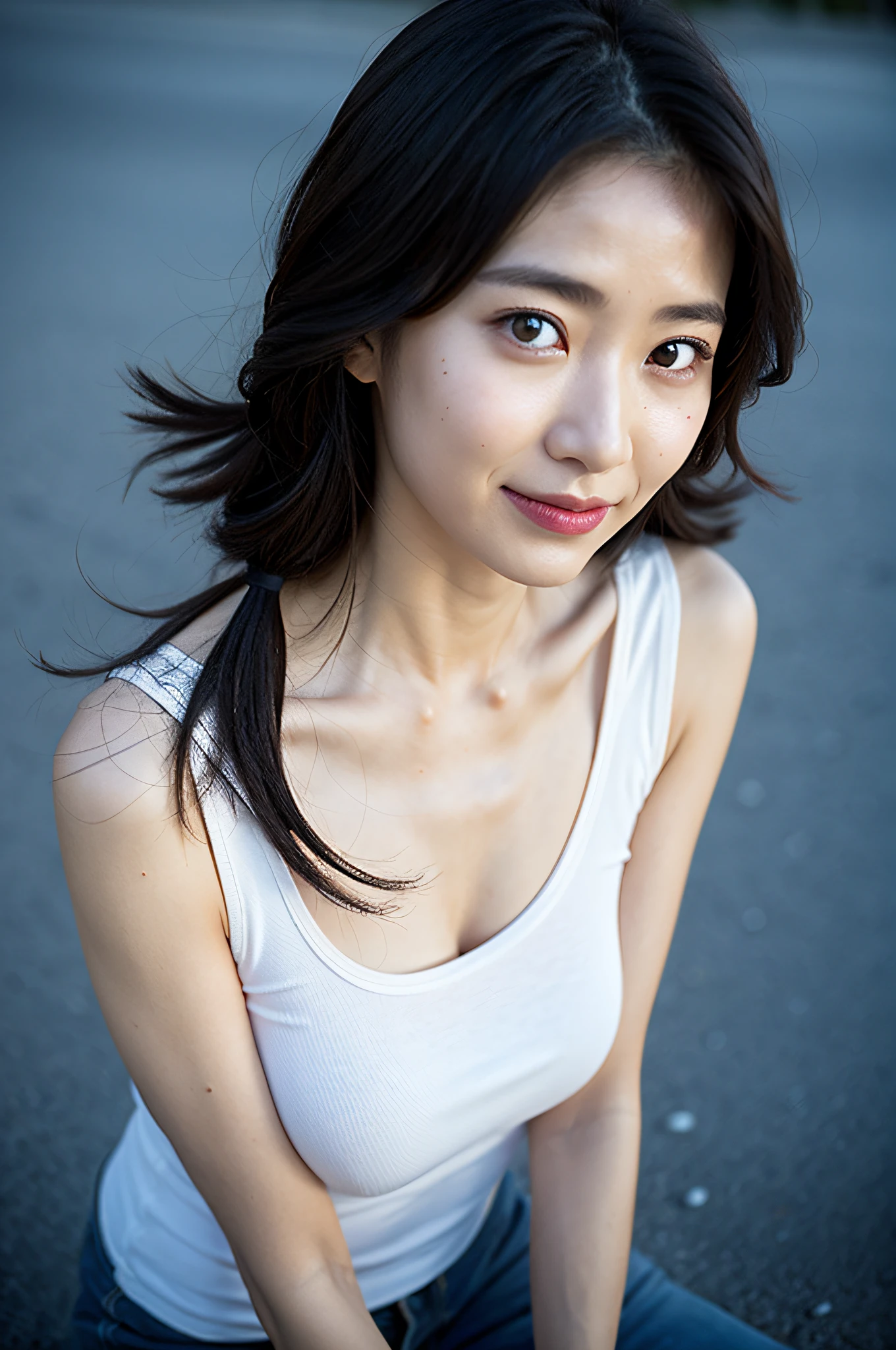 1 girl、(top-quality、8k、32k、masterpiece、UHD:1.2)、Photos of very beautiful Japan women、beautidful eyes、beauitful face、a smile、shorth hair、large full breasts、Fitted T-shirt、shinny skin、Wearing panties、s ass、(Slouched:1.3)、crouching down、(From above:1.2)、Look at another person、the beach、windy、dark sky