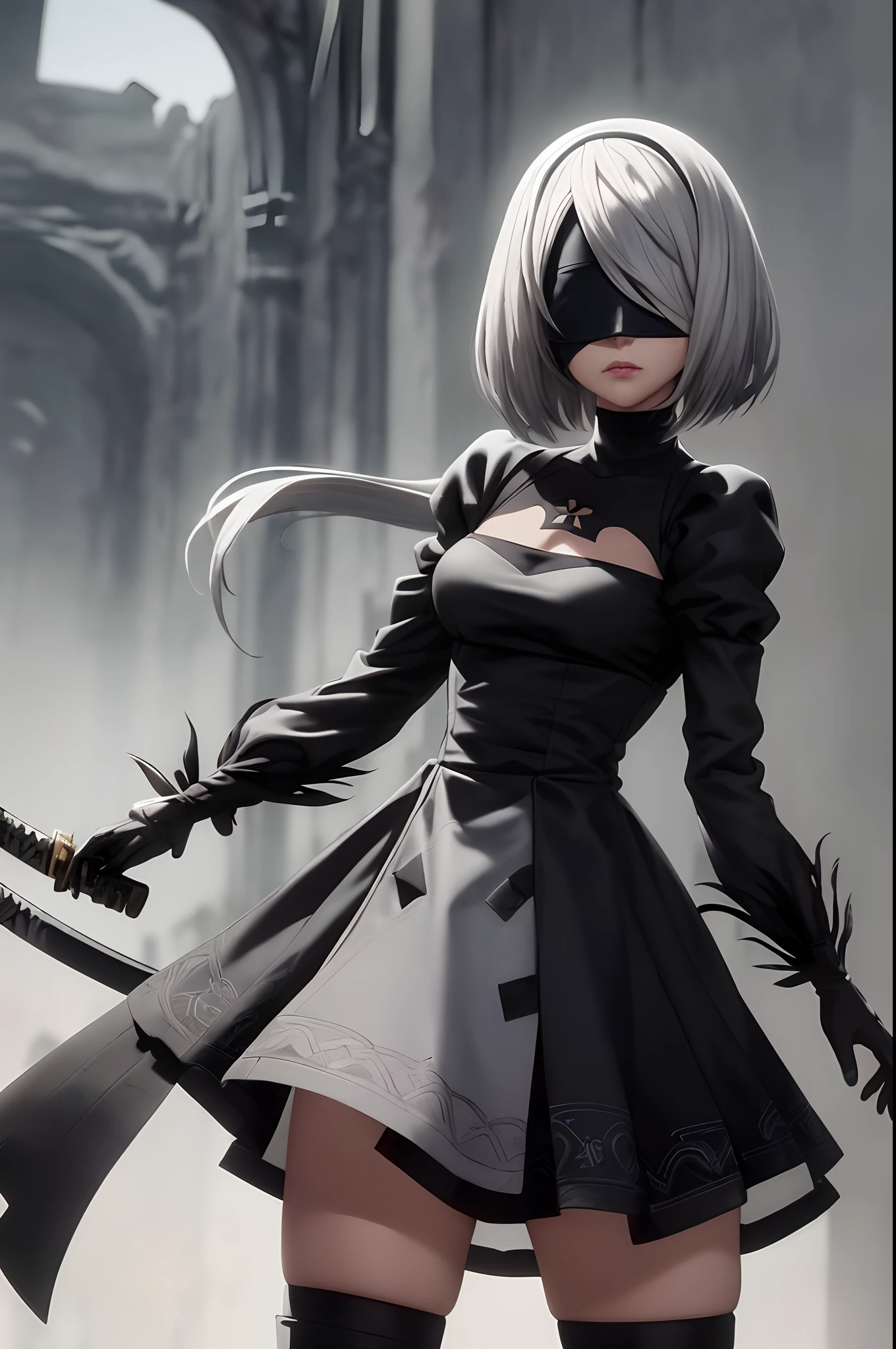 1 girl, Solo, ((yorha_No._2_type_b)), (black eye mask), Realistic, , ((Silver hair)), ((Masterpiece)), gothic ****ta fashion, kneehigh boots, Doomsday ruins in the background, Fighting stance, battle, Wind, Fighting, In his right hand he holds a long Japanese katana,