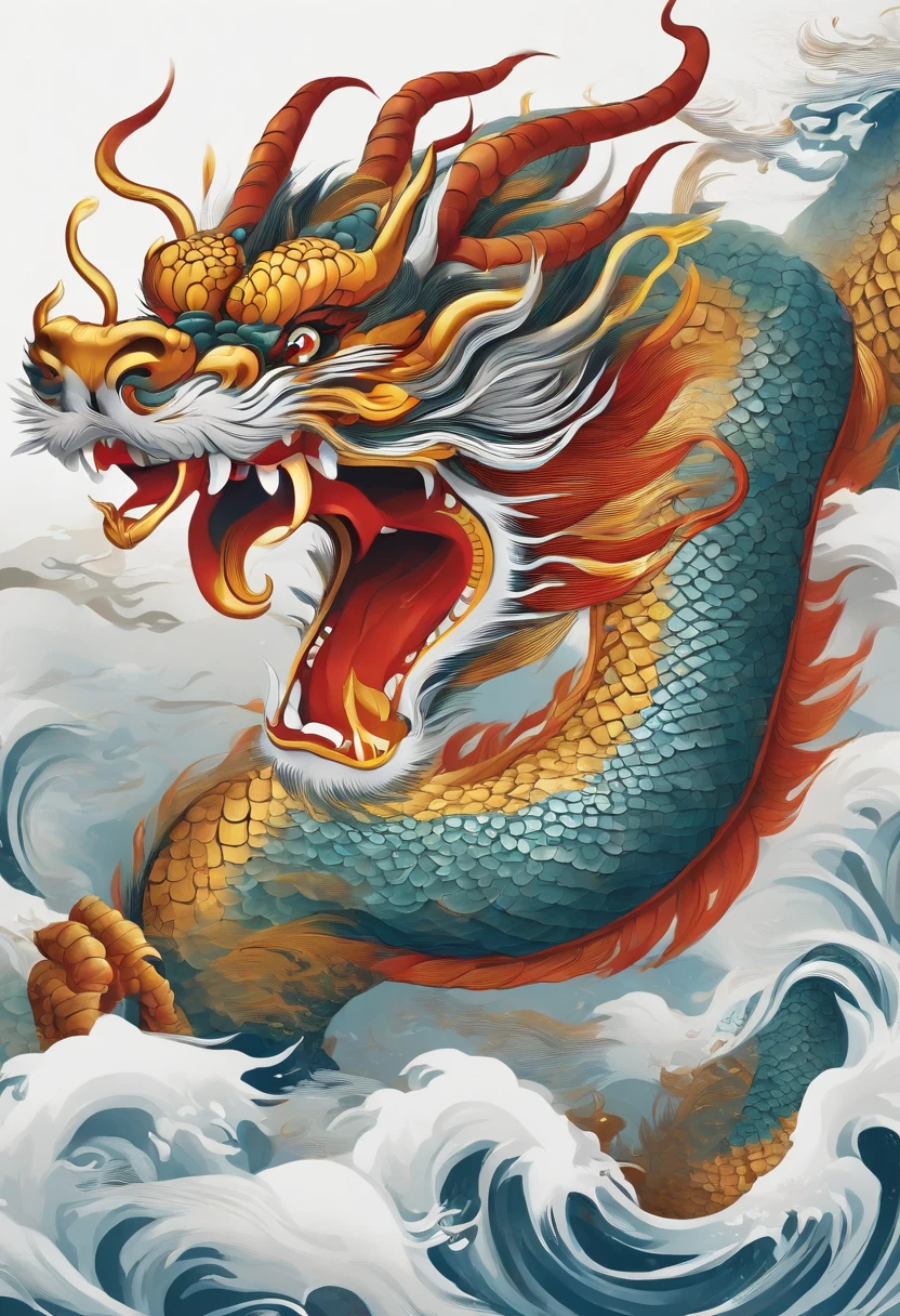 flag、masterpiece、(White Background:1)、Colorful Japanese dragon surrounded by sea、god々々Hello、Wind、god々、Long undulating body、tooth、Upper body、Fantasy、god話、high quality、Very detailed、masterpiece、amazing、Particle Effects、Dynamic Effects