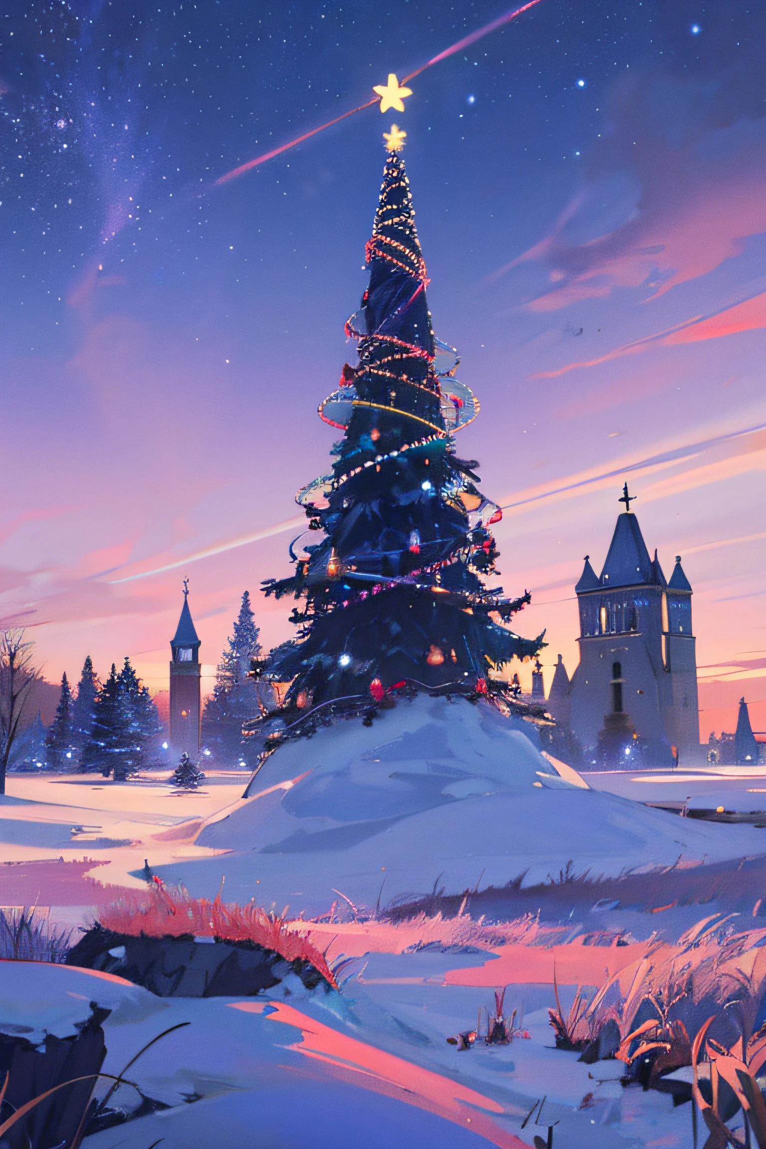 (christmas),towers of god, blue towers, violet, blue, red, god, red sky, violet sky, starry sky, stars, starry towers, starry god, light blue, civilization, order