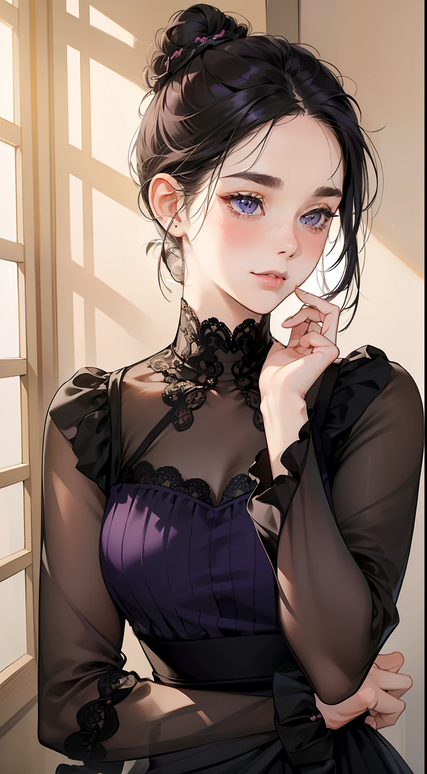 masterpiece, best quality, realistic, mature female, cute, 25 years old, closed mouth, portrait, extremely detailed face, soft smile, (dark purple eyes), ((with single black hair bun), ((front bangs hair)), [thin eyebrows], ((long sleeve dress)), no makeup, light smile, ear blush, light blush, short eyelashes, 4k,musuem,