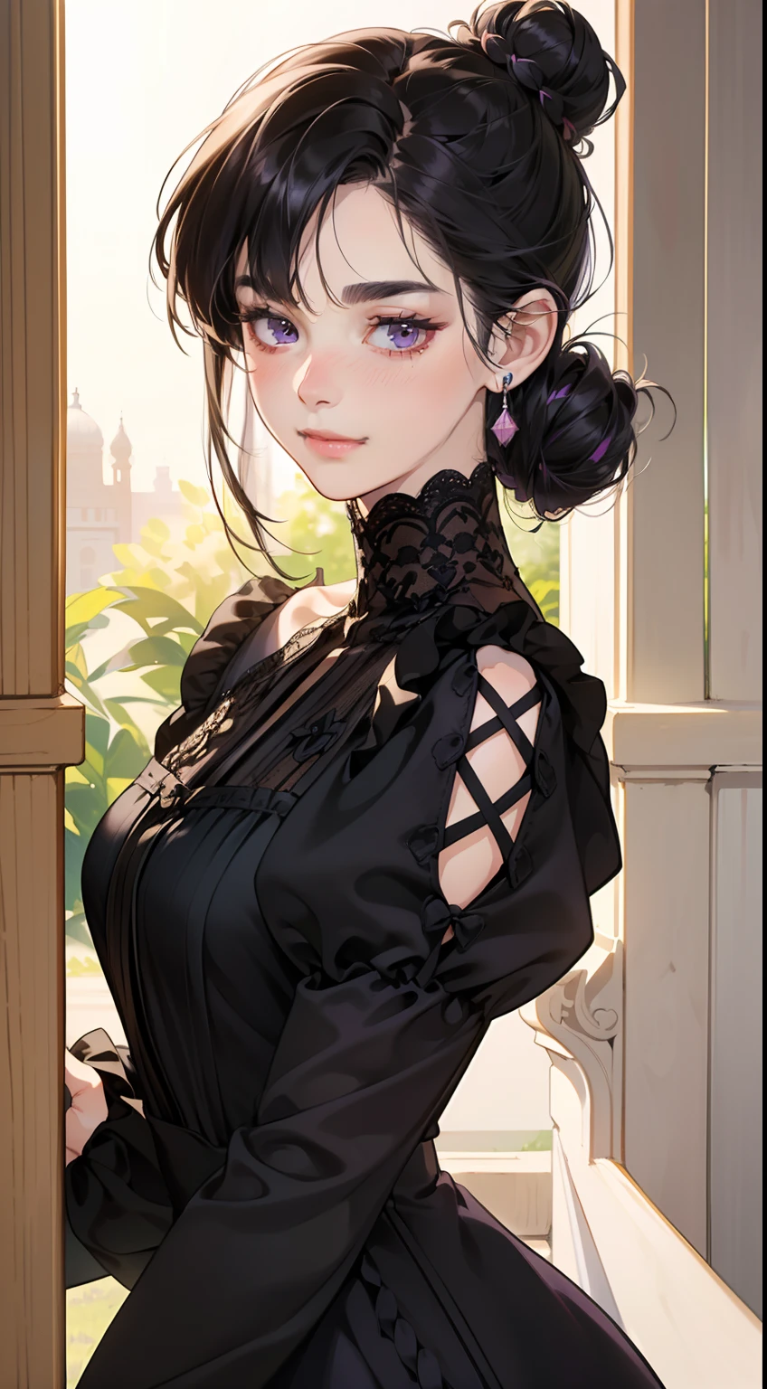 masterpiece, best quality, realistic, mature female, cute, 25 years old, closed mouth, portrait, extremely detailed face, soft smile, (dark purple eyes), ((with single black hair bun), ((front bangs hair)), [thin eyebrows], ((long sleeve dress)), no makeup, light smile, ear blush, light blush, short eyelashes, 4k,musuem,