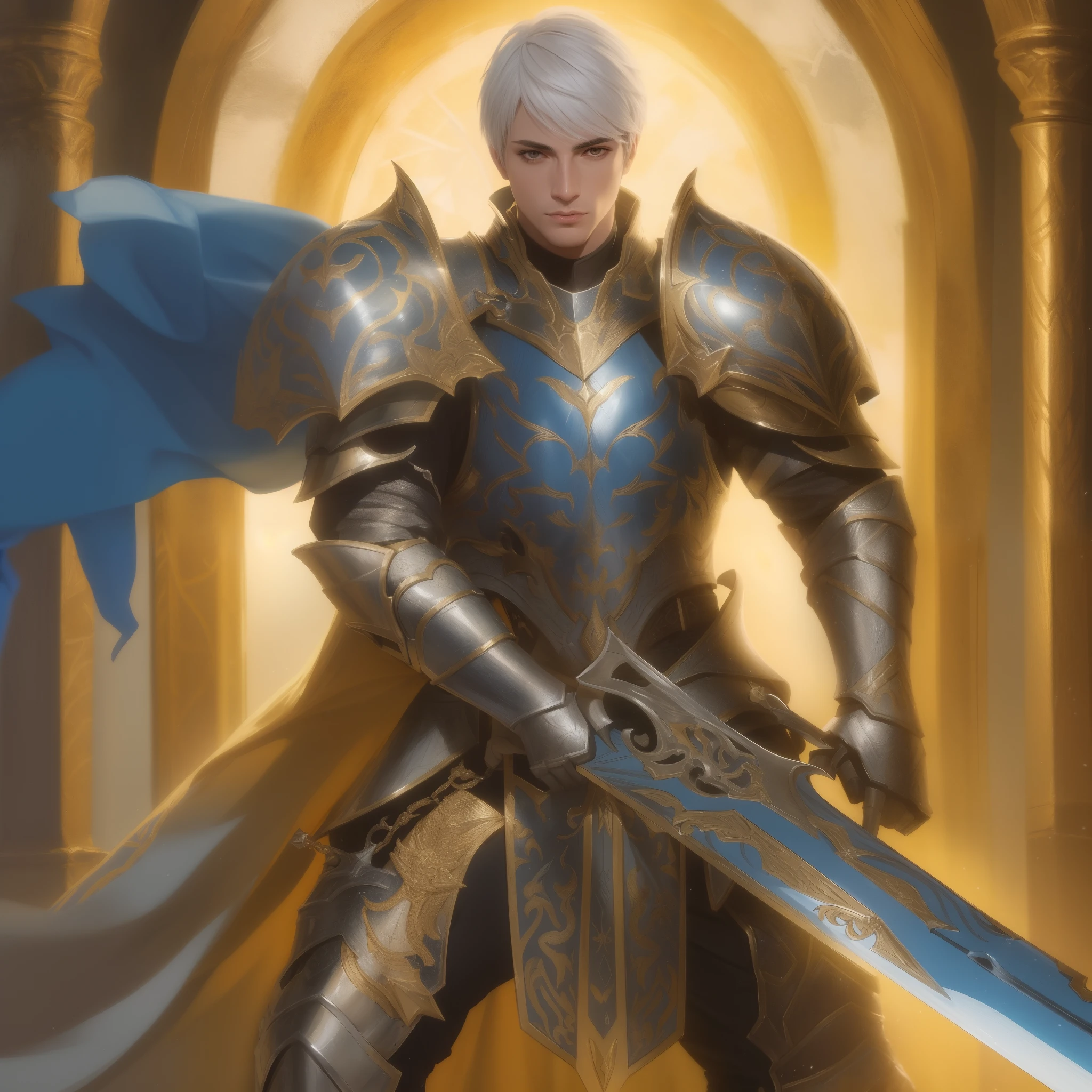 um close up de um homem de armadura segurando uma espada, Paladino masculino, paladinoo fantasia, Paladino Santo, full portrait of magical knight, um paladinoo masculino humano, Arsen Lupin como um paladinoo, paladinoo de ouro, paladino, Arte do Jogo de Cartas de Fantasia, Graphic artist Magali Villeneuve, Armadura dourada de Paladin, vestido com armadura leve
