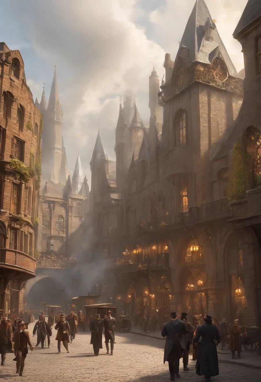 Fantasy art, very wide angle shot, Painting, Detailed , Deviant-art, contest winner, concept-art, , tim hildebrandt, fantasy, ((((Steampunk City)))),,In the daytime,, dreamlike realism, art stations ,, The style of Adrianous Everson ,Not aesthetic architecture, cinematic Film still from,greg rutkovsky, Create reminiscent of《Deadly magic》The scenery of the movie, King's Cross Station, London, UK,Use intricate details and dynamic design,Immerse your audience in a magical world. An illustration depicting an《Deadly magic》The awe and confusion evoked by the film.