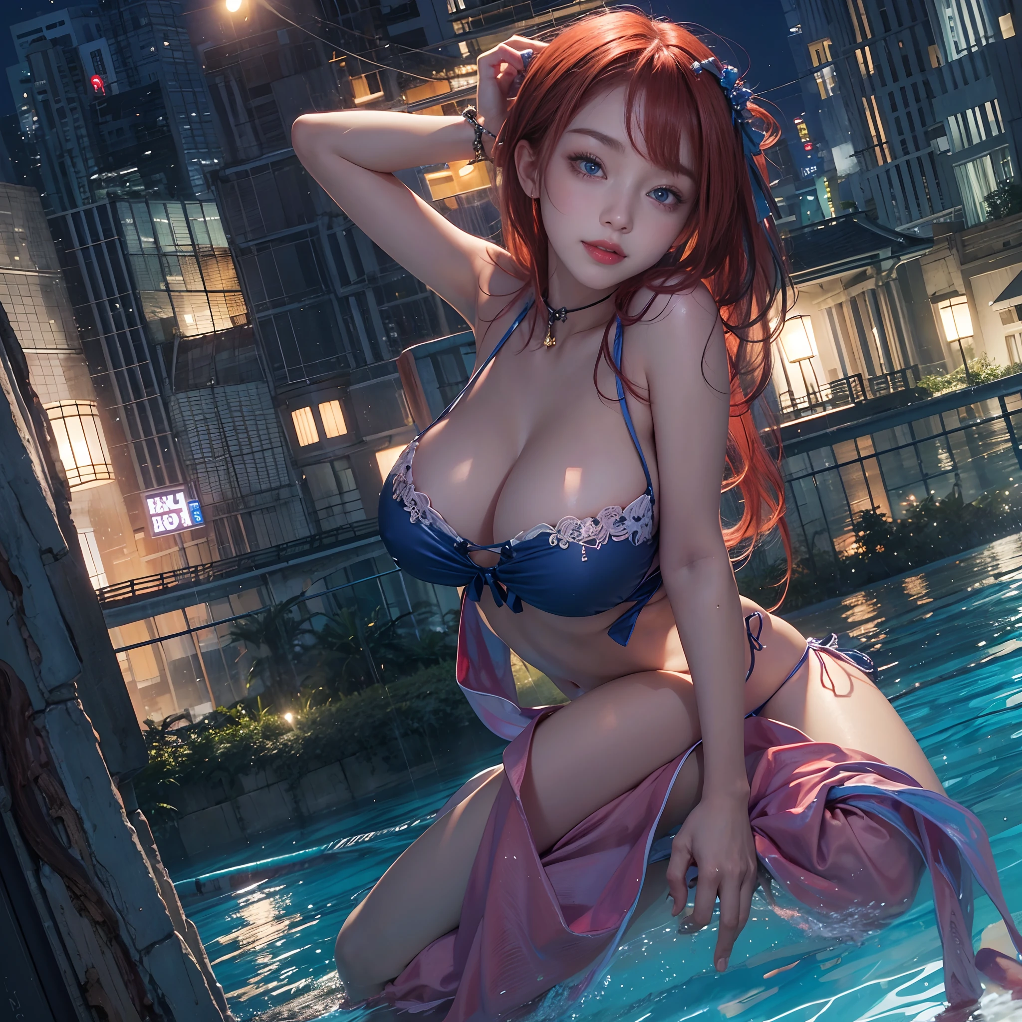 red hairs、blue eyess、length hair、A slight smil、large breasts、brazilian bikini、night pool、high angle full body shot、pov、moonlight