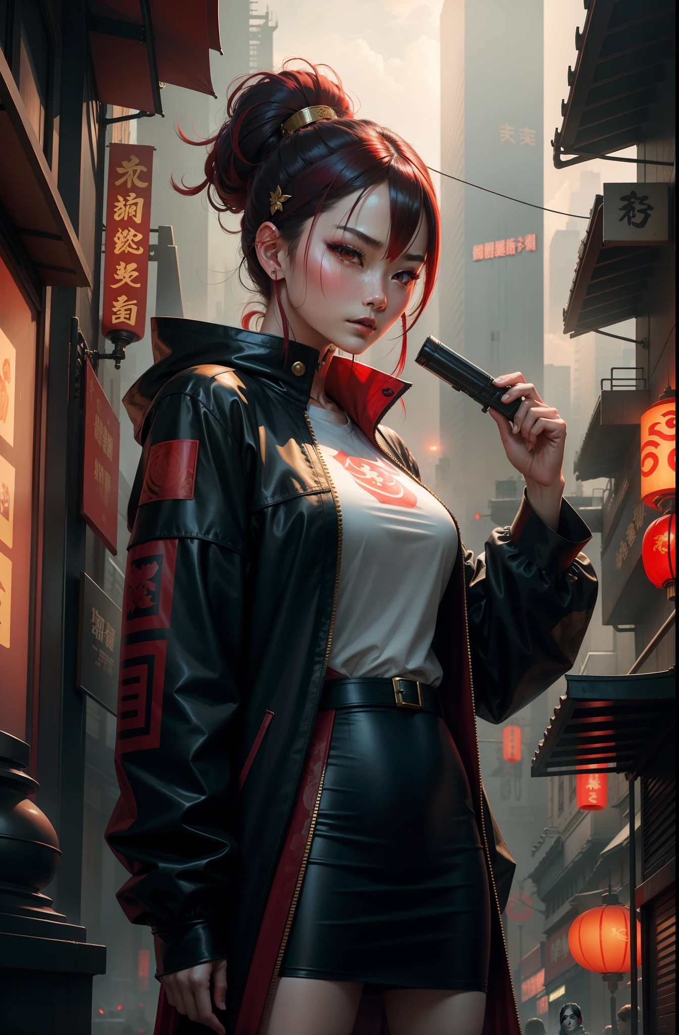 Chinese cyberpunk,Fine facial depiction,Tension movement,Mucha,Red umbrella,Gossip elements,golden hair accessory,Ruby eyes