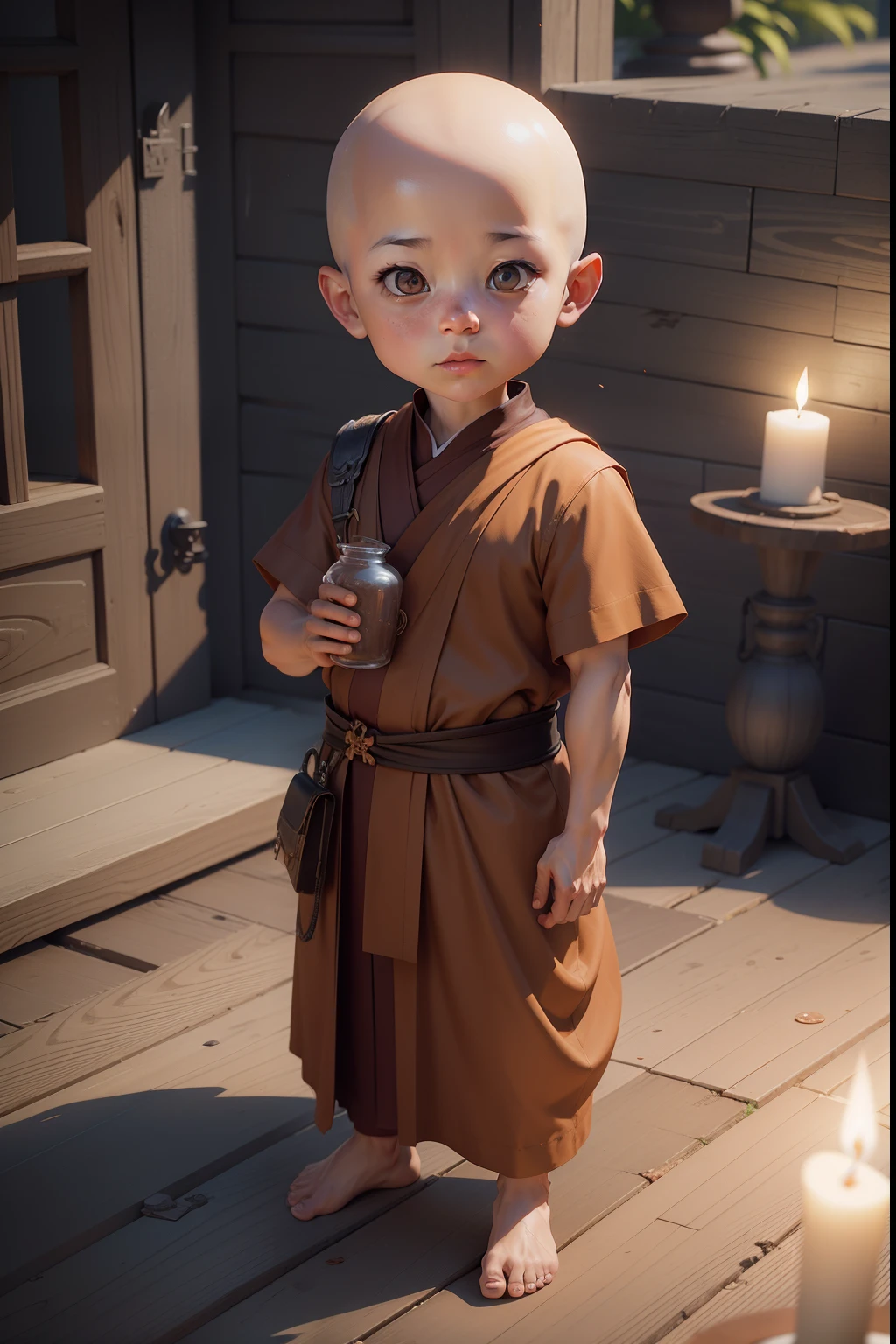 Cute little bald monk sitting on the ground,Libido boy,Buddhism behind it,There is a candle in front of him, Cute digital painting, childrens art in artstation, wojtek fus, Ross Tran 8 K, Personagem pequeno. Unreal Engine 5, Rosla global lighting, 3 D rendering character art 8 K, concept art of a monk, smooth 3d cg render, he is greeting you warmly