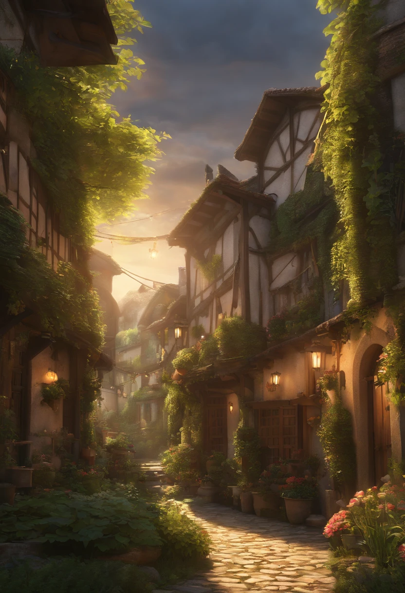 4k, Realistic, Very detailed, lente grande angular, Humid medieval city, vibrante, fantastic plants, uma casa grande, Estilo Makoto Shinkai, Fundo do anime, arte conceitual, (nenhum caractere aparecendo), realistic lighting, Epic composition, Difuso, (master part, best quality), super HD, 32k --v 6