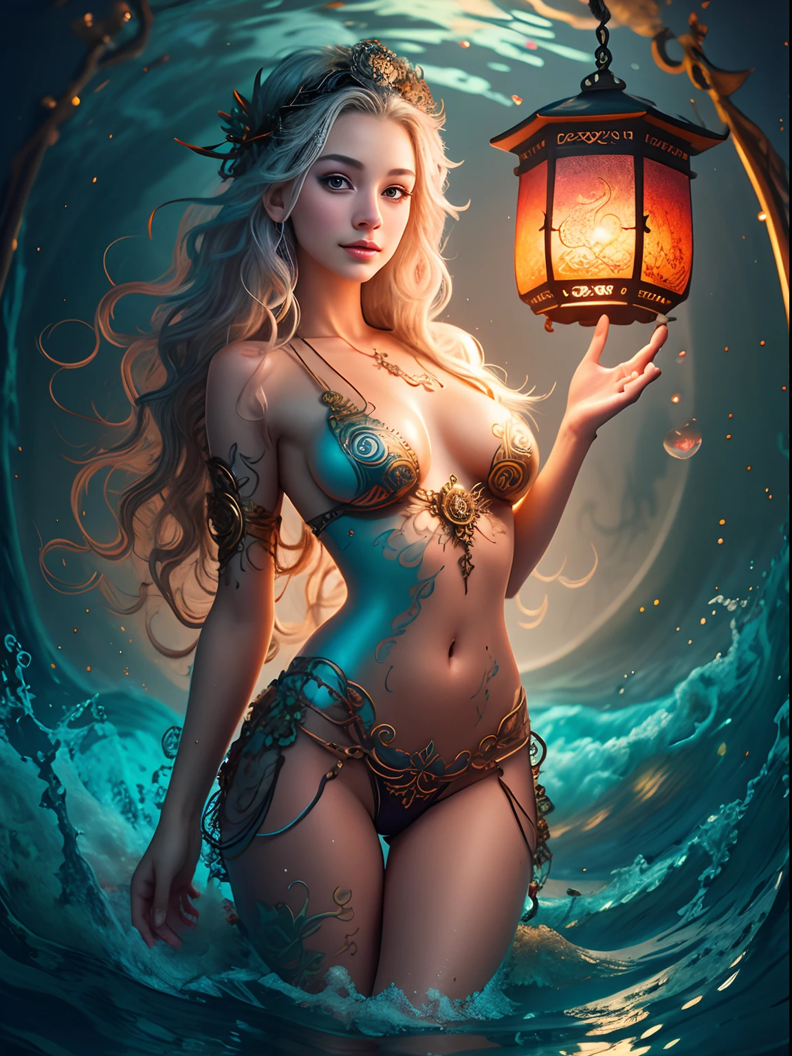 ,beautiful goddess emerging from the ocean, caucasian girl with shiny silver hair, full female body, golden eyes, wild waves, big waves, oriental mandala tattoos, transparent dresses, skin wet with water, stormy sky, sunset sky red stormy clouds, ancient temple floating in the sea, floating old clock, lamp, lantern, beautiful girl with a slight smile, transparent blouse, black vikini, fantasy, fractal,,  Sakimichan-style art, slight smile, legs open, pubic hair view, 1 sexy girl, exposed breasts, open transparent T-shirt, Mandala and flower tattoos, Best Quality ,black hair fused with platinum and gold, naked girl, visible beautiful pubic area, pink pesons, small breasts in sight, tattoos on the naked body, old floating clock, lamp, lantern , skin wet with water,  open legs,multicolored sea waves, full body, sea ​​goddess rising from water and waves,, beautiful girl closeup view,, Belinda, blonde brown hair, dappled sunlight, luminescent glow orange cyan liquid lamp, liquid splash art, sky with storm and a psychedelic nebula silhouette, tribal, wide angle shot, red, green, brown, luminescent glow colors liquid, digital painting, by Koos Roos art, sharp focus, studio shot, intricate detail, effect splash, small bubbles floating, highly detailed, sharp focus, studio shot, intricate detail, highly detailed, by Koos Roos, multicolored ocean, psychedelic moving waves, long hair fused into multicolored sea waves, light lantern, lamp and antique clock,water-soaked skin and clothing, mujer desnuda, nalgas grandes, dama desnuda,magical dimensional portal, beautiful girl in the foreground, well-detailed perfect female body,